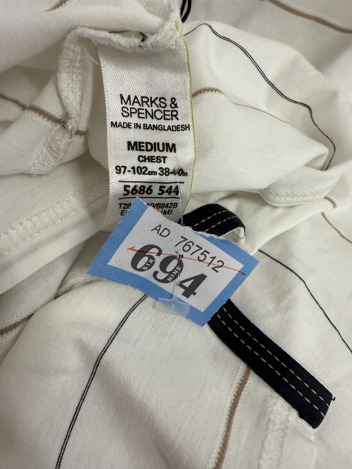 Marks & Spencer Marks & Spencer Men's Medium White Polo Shirt with Stripes Size US M / EU 48-50 / 2 - 2 Thumbnail