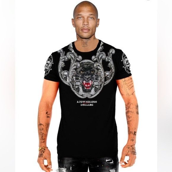 Designer George V Black White Designer Men’s Rhinestone Tee Shirt Size US M / EU 48-50 / 2 - 1 Thumbnail