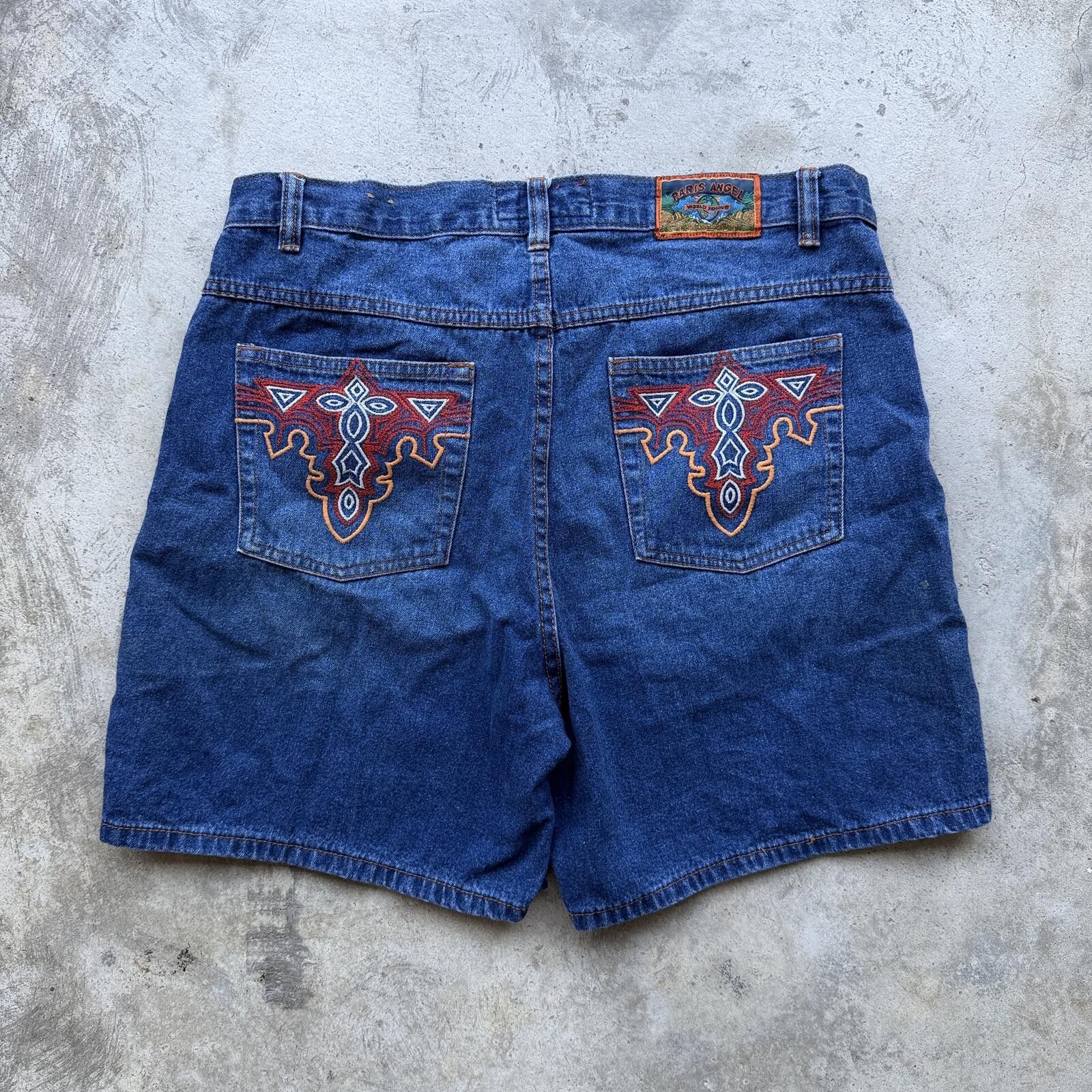Other Vintage Y2K Paris Angel Embroidered Baggy Denim Shorts jorts Size 36" / US 14 / IT 50 - 1 Thumbnail