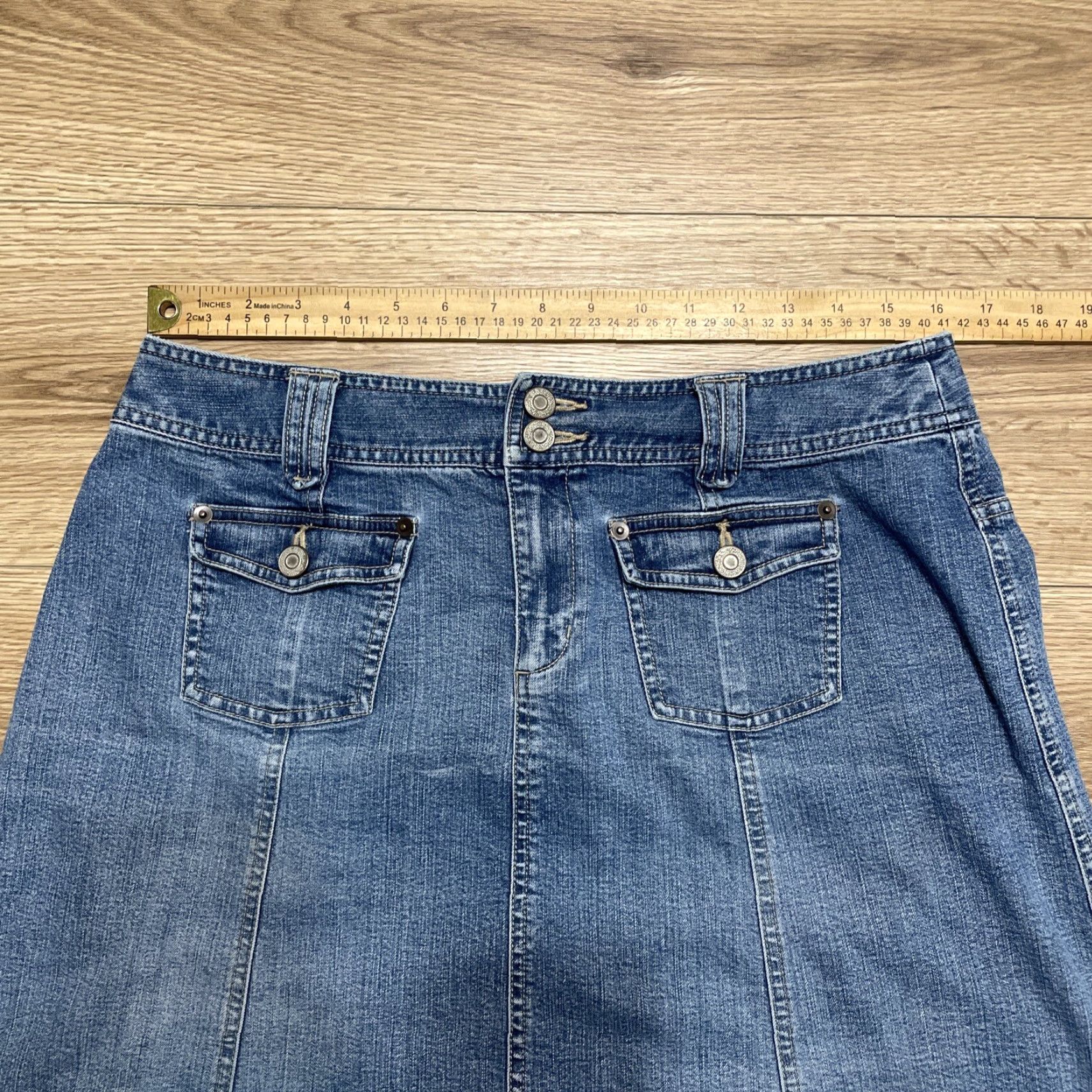 Vintage VINTAGE Style&co Women's Denim Midi Skirt Cotton Blend A-Line 12 Blue Pockets Size 34" / US 12 / IT 48 - 3 Thumbnail