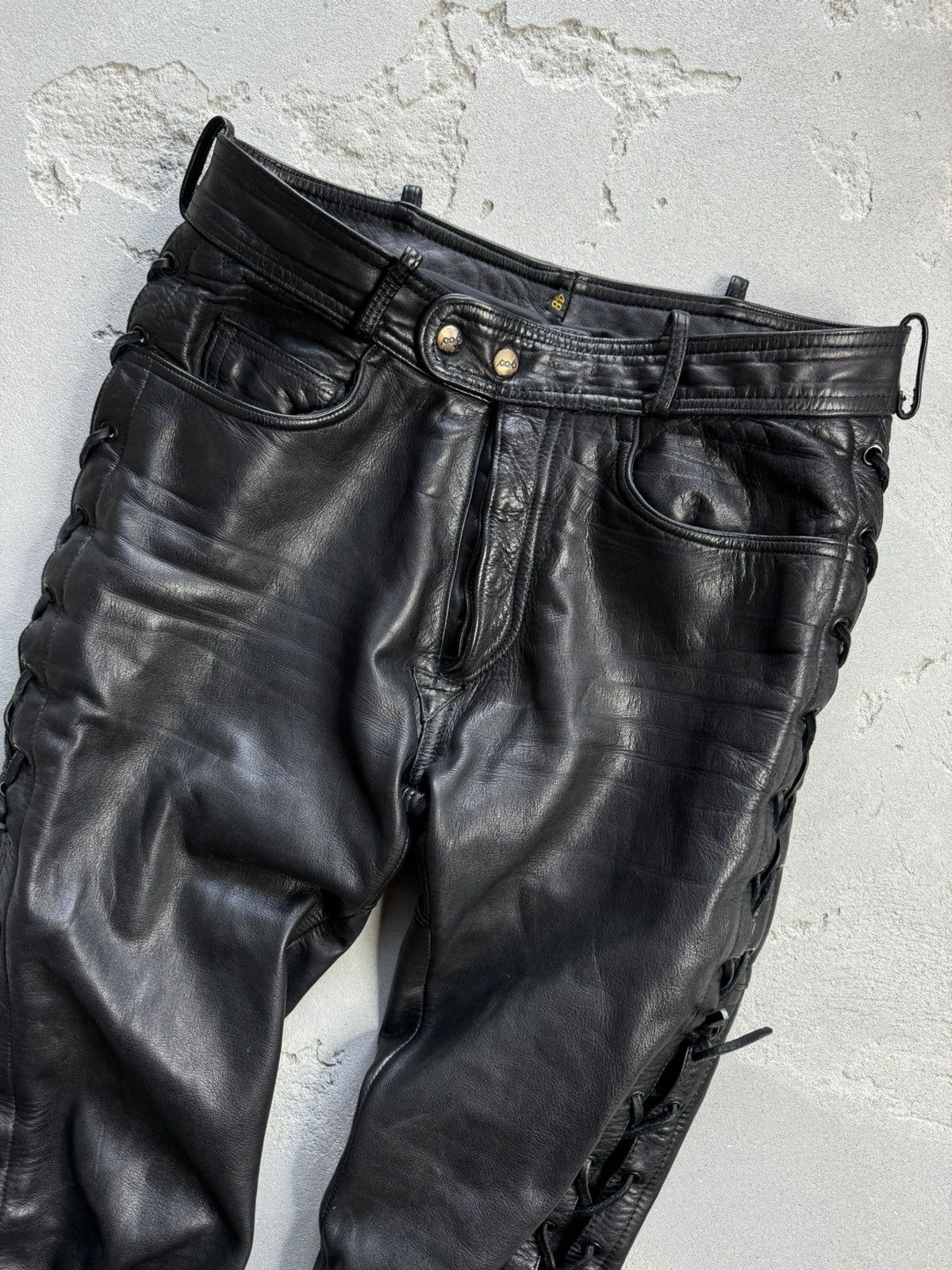 Leather Vintage Real Leather Cowhide Side Laces Biker Pants 7298AC Size US 32 / EU 48 - 5 Thumbnail