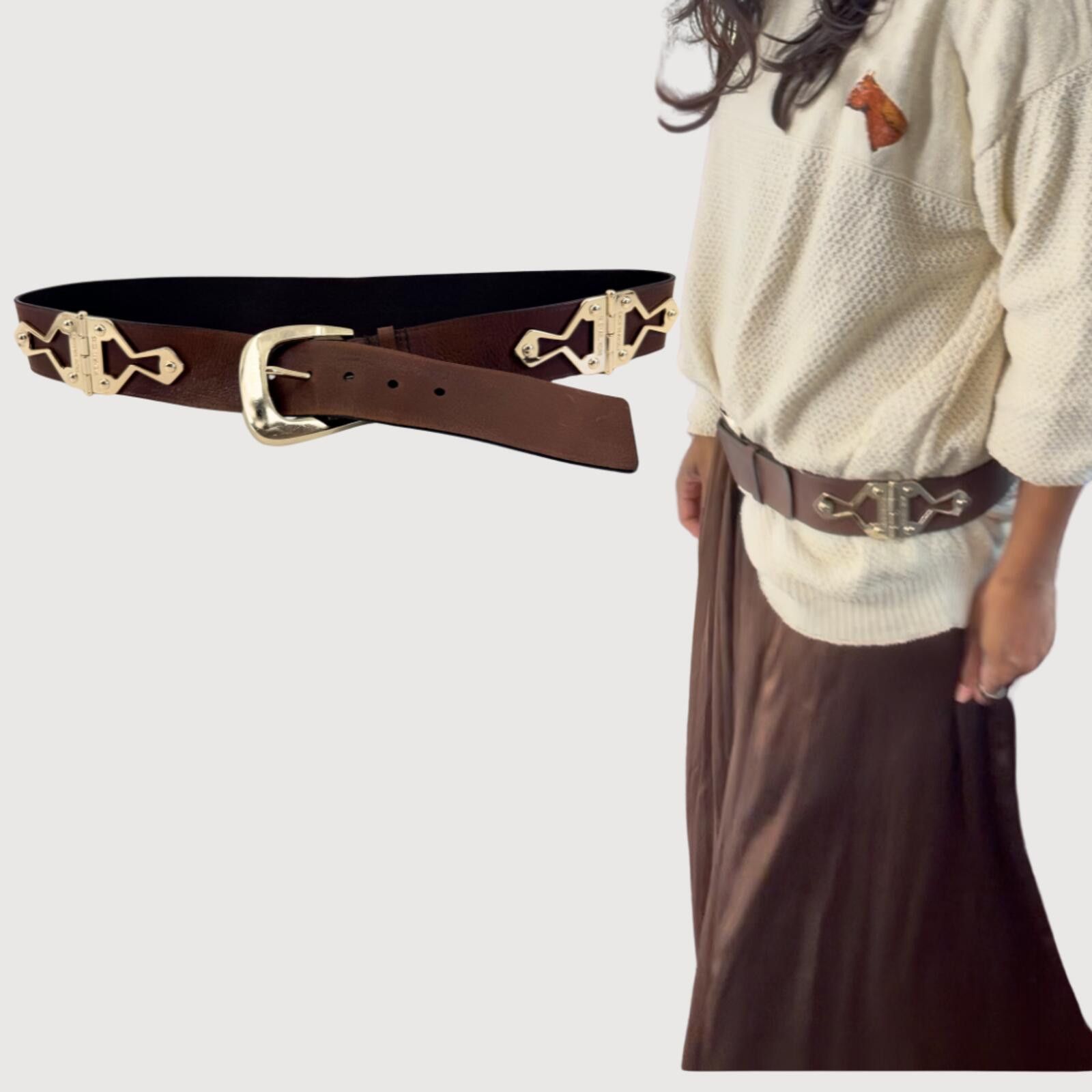 Michael Kors Michael Kors Brown Leather Gold Hardware Statement Belt - L Size ONE SIZE - 1 Thumbnail