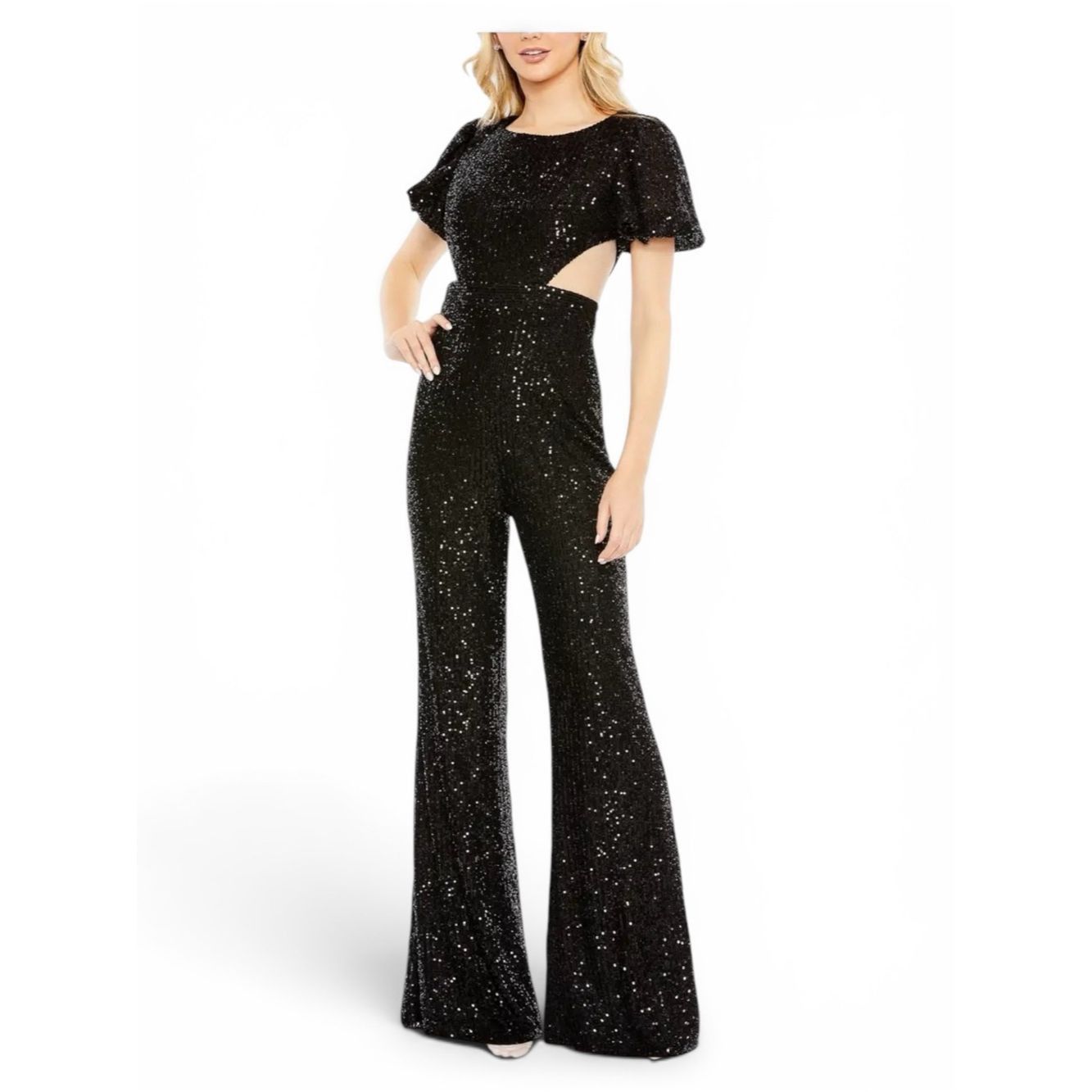 Mac Duggal Ieena for Mac Duggal 11273 Black Sequin Wide Leg Jumpsuit G Size 28" / US 6 / IT 42 - 1 Thumbnail