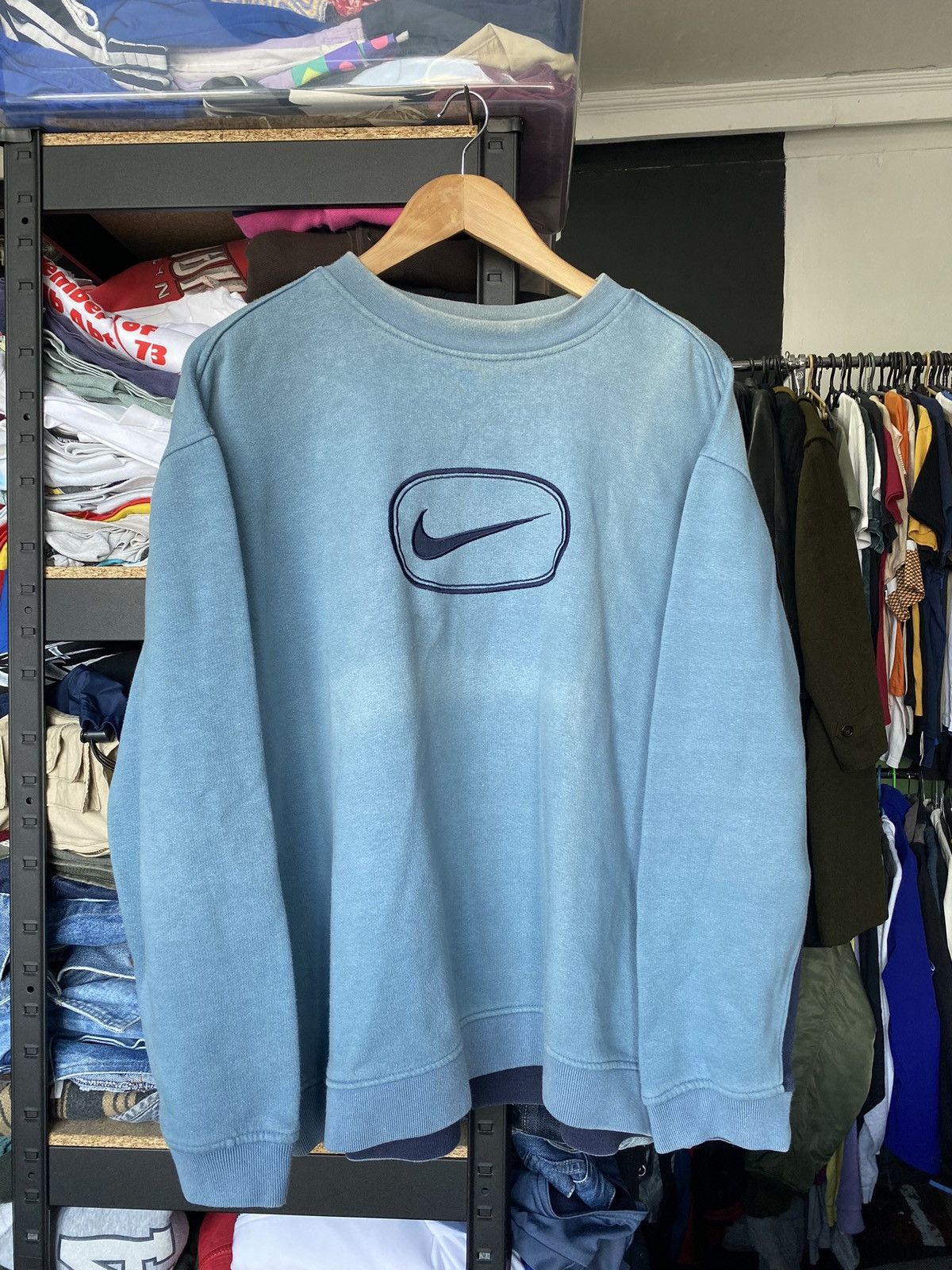 Nike × Vintage 🔥Nike Vntg Sun Faded Washed Blue Swoosh Big Logo Sweatshirt Size US L / EU 52-54 / 3 - 1 Thumbnail