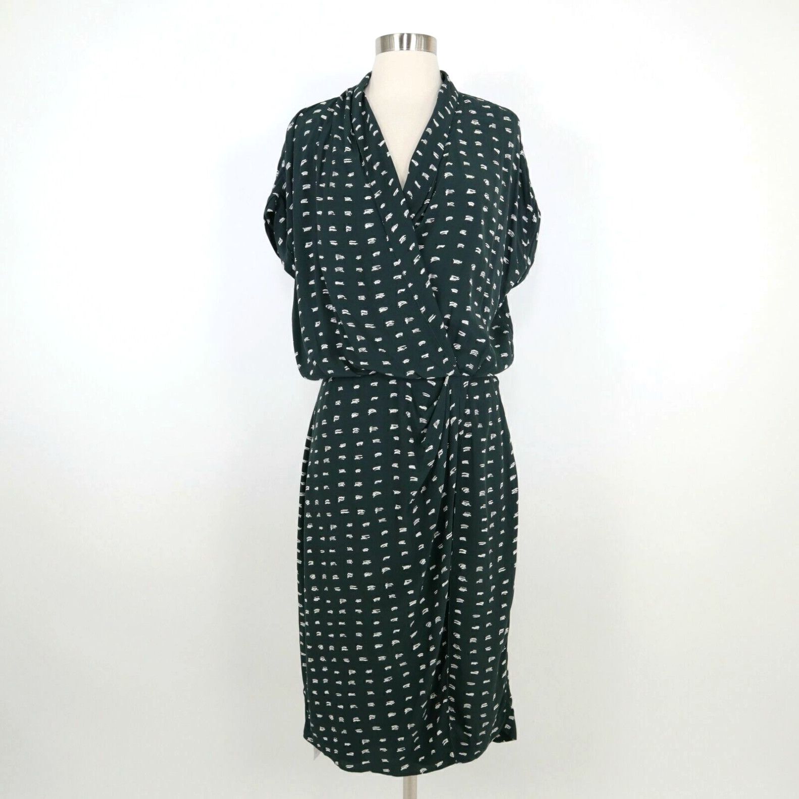 image of Vintage Mm.lafleur Jasmine Faux Wrap Dress Womens 4 New Sheath Swipe Print Green Ivory in White (Si