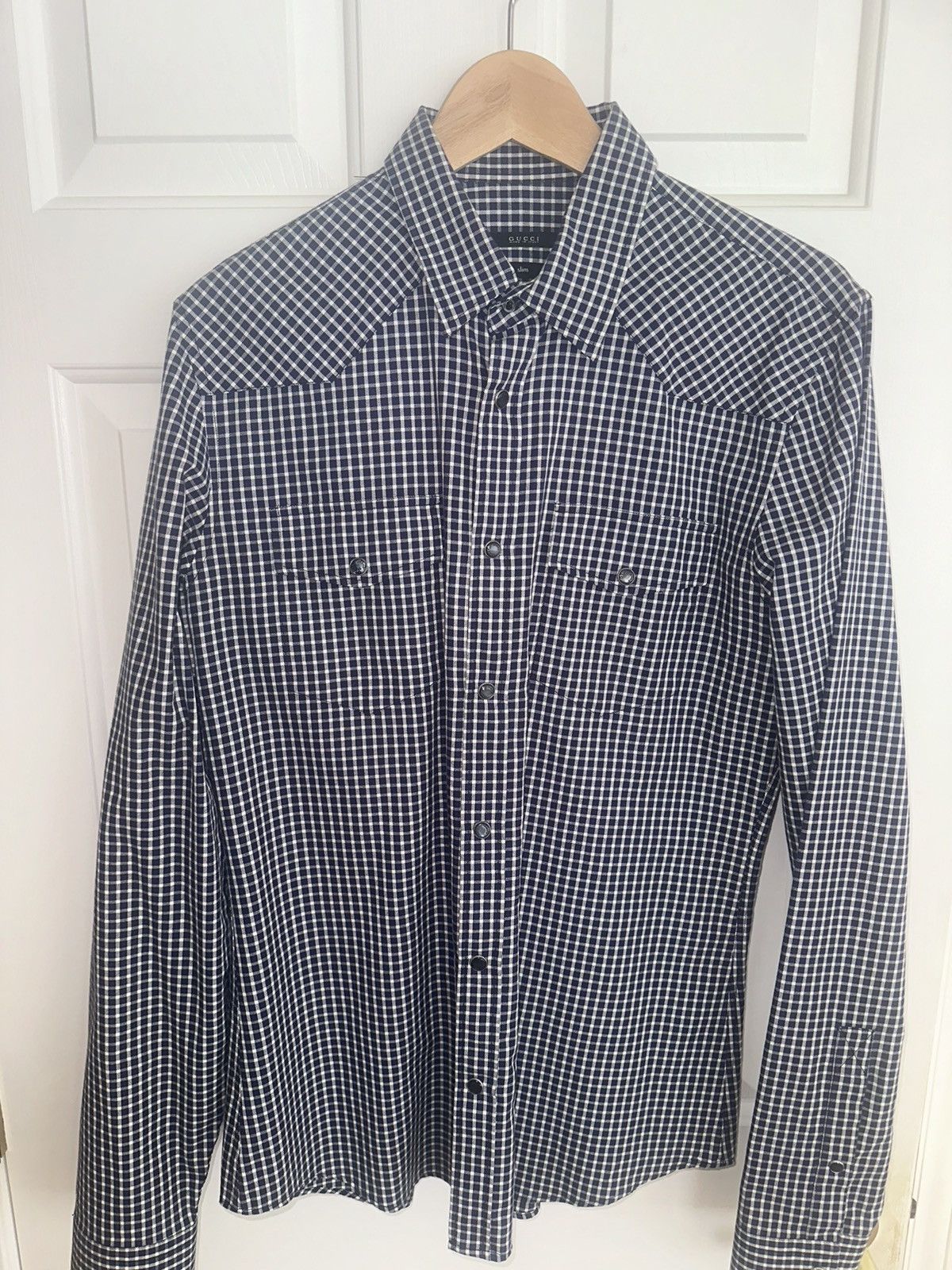 Gucci western shirt navy check in sz 40