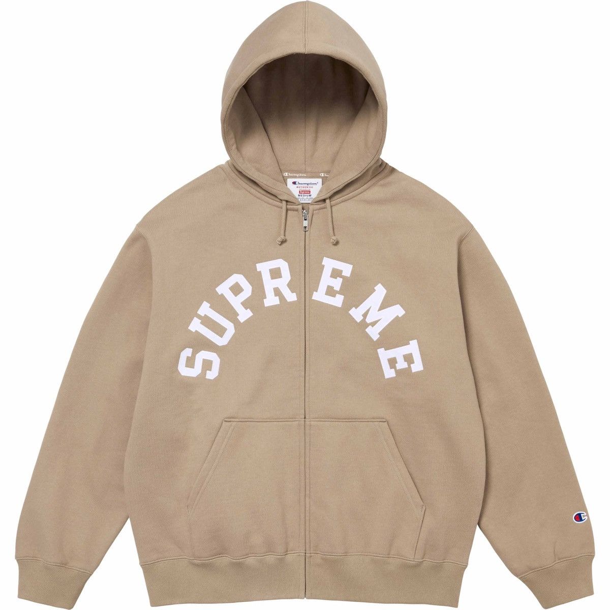 image of Supreme Champion Zip Up Hooded Sweatshirt in Tan, Men's (Size 2XL)