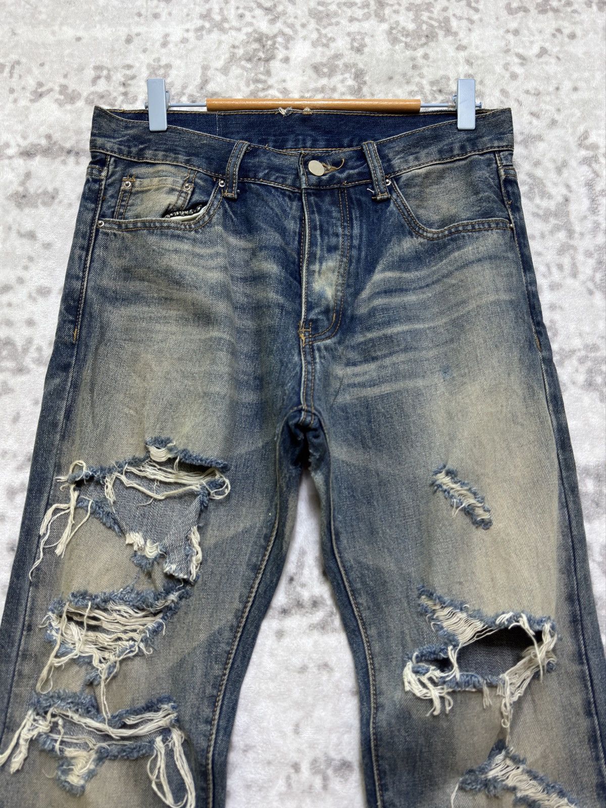 MNML Y2K MNML Blue Yarn Heavy Distressed Denim Jeans Size US 31 - 3 Thumbnail