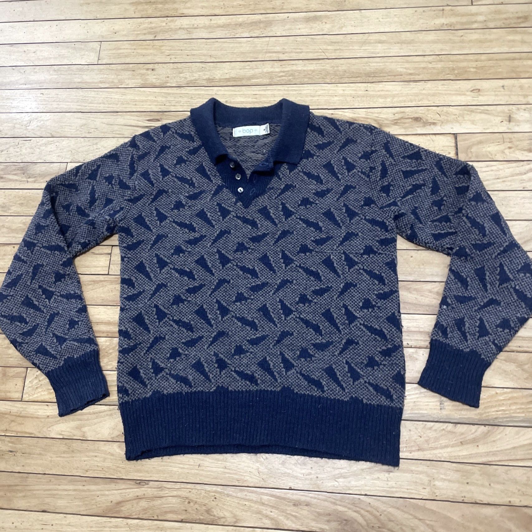 Vintage VINTAGE BOP Mens Sweater Geometric Wool Rugby Retro Pullover, M, Gray/Blue, Geometric, Wool, Vintage, Grunge, Classic Fit, Winter, Wool, Knit's? Size US M / EU 48-50 / 2 - 2 Thumbnail