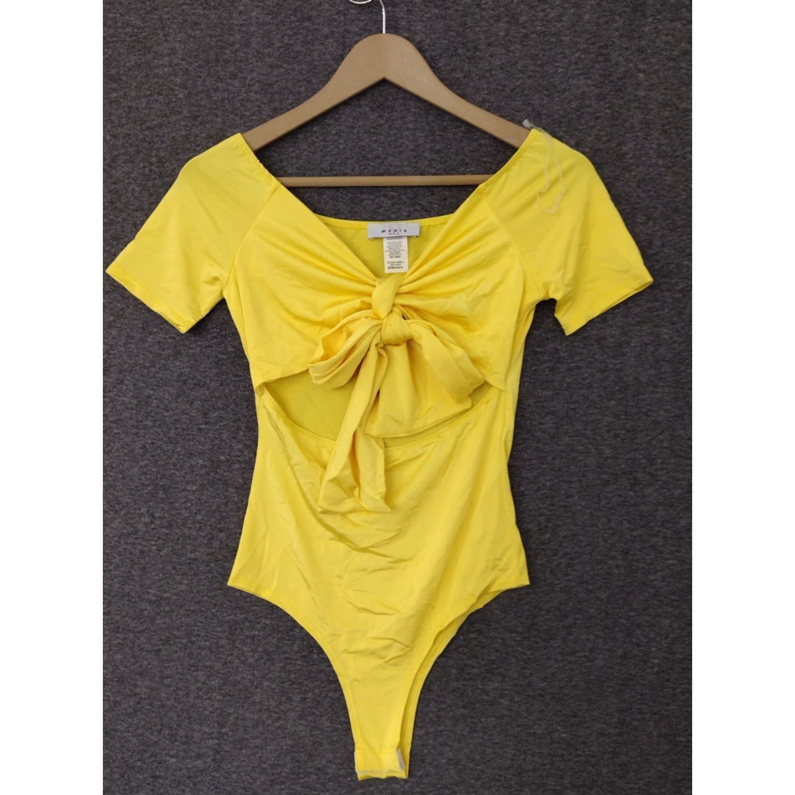 Vintage MAGIA Bodysuit Yellow Short Sleeve Open Tummy Tie Front Size M Women's Solid Blended Fabric One Piece Size M / US 6-8 / IT 42-44 - 2 Thumbnail