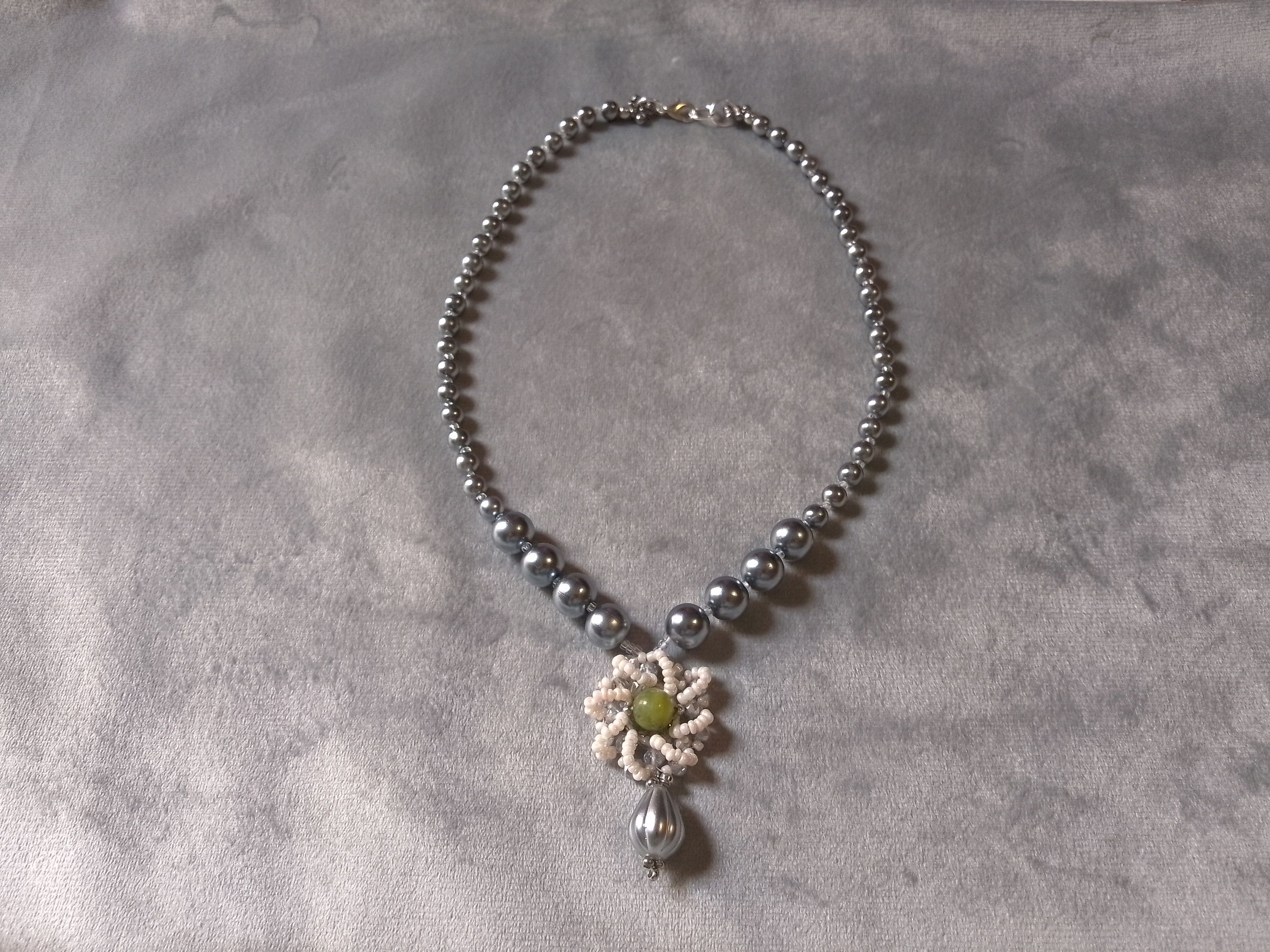 Handmade Necklace Vintage Styles Gray Pearls Pendant Green Jade gem Size ONE SIZE - 10 Thumbnail
