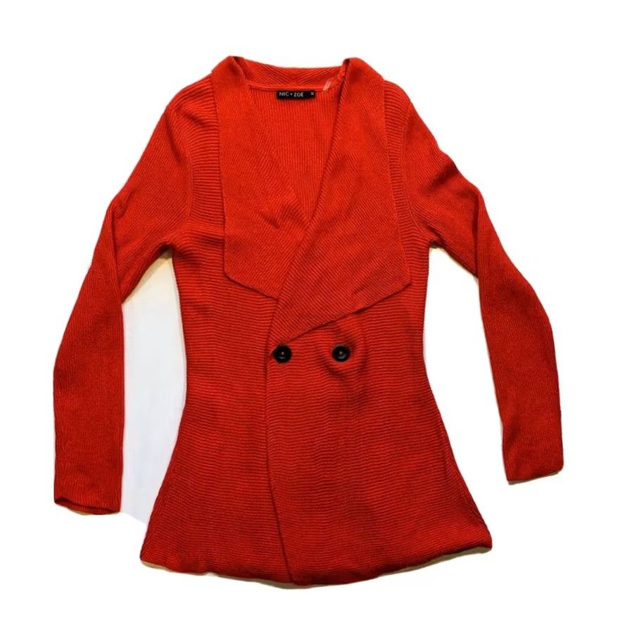 NIC+ZOE NIC+ZOE Flared Cardigan Long Sweater Ribbed Pleated Back Button Front Red M EUC Women Knit Wool Blend Shirt Sweater (Regular) Girls? Size M / US 6-8 / IT 42-44 - 2 Thumbnail