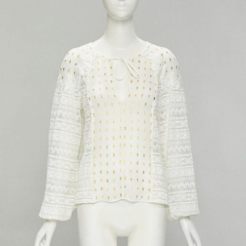 Temperley London TEMPERLEY LONDON white sheer gold jacquard crochet lace bohemian top US4 S Size S / US 4 / IT 40 - 1 Thumbnail