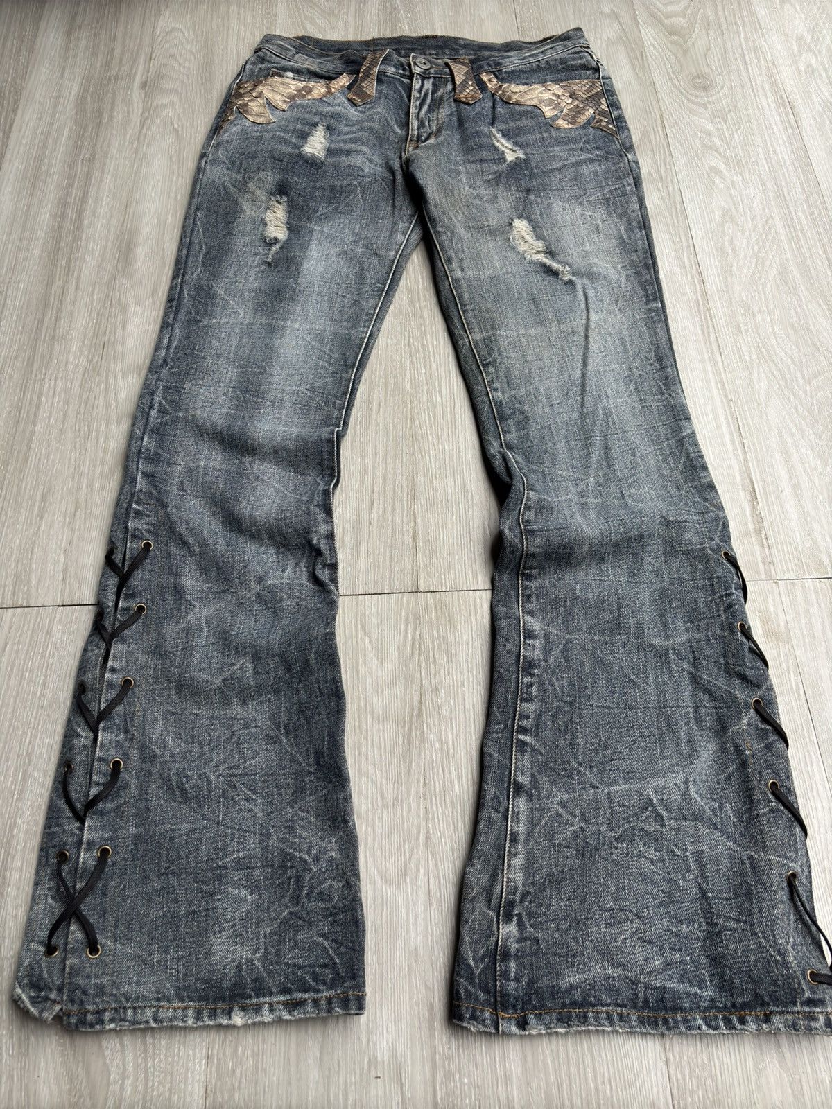 Pre-owned If Six Was Nine X Tornado Mart Lowbox Lace Up Flare Jeans In Washed Blue