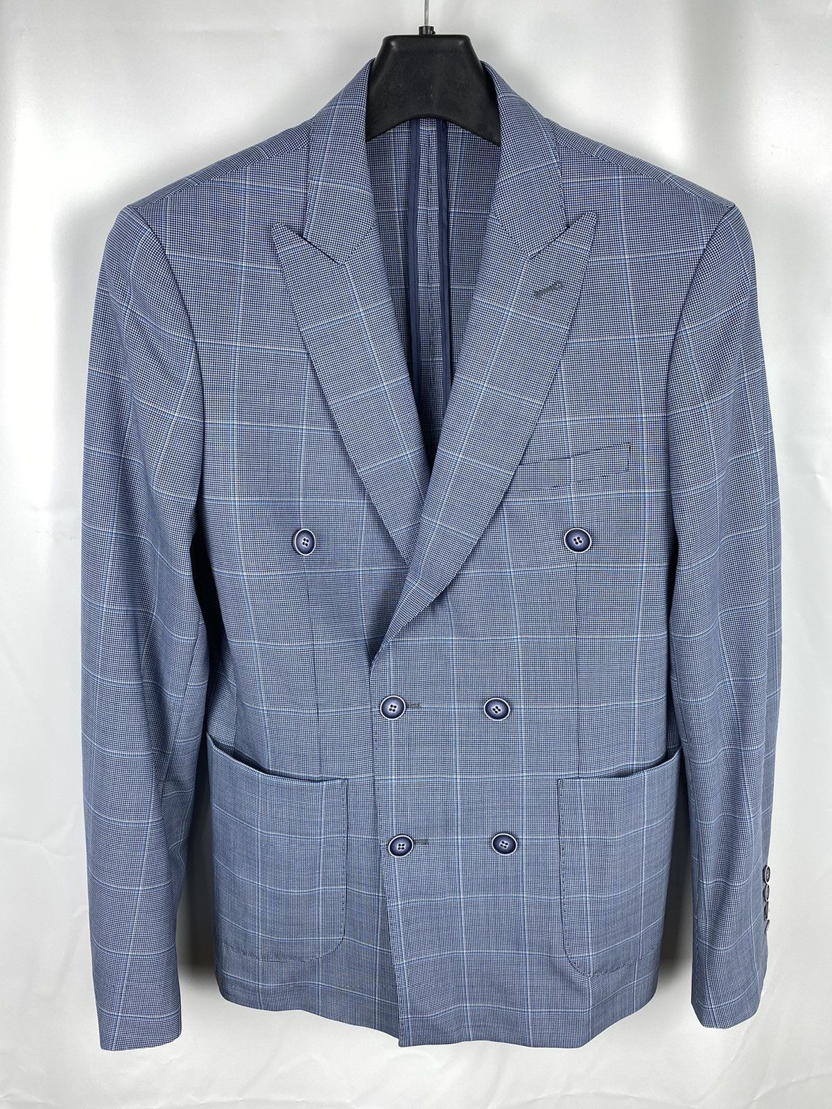 Designer Piserro Check Blazer Linen-Wool-Polyester Double-Breasted Size 38R - 1 Thumbnail