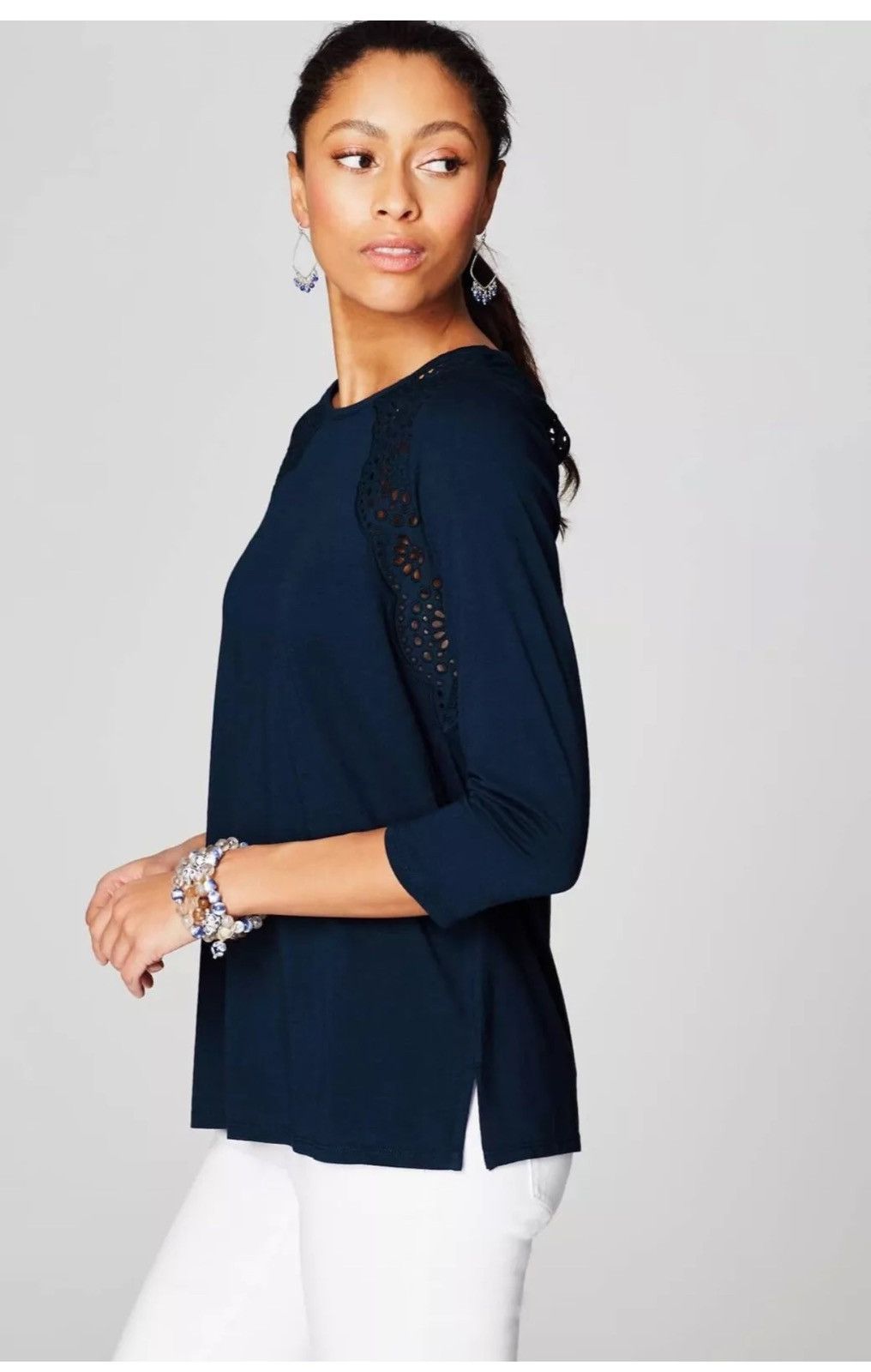 Other NWT J Jill Navy Blue Eyelet Knit Top Tee XS Cotton Tie Back Size XS / US 0-2 / IT 36-38 - 2 Thumbnail
