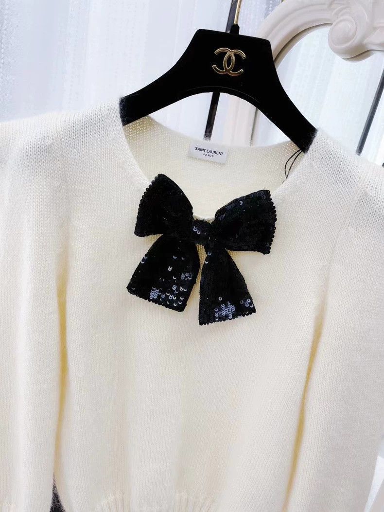 Saint Laurent Paris Black Bow Sequin White Knit Sweater-2505 Size XS / US 0-2 / IT 36-38 - 2 Thumbnail
