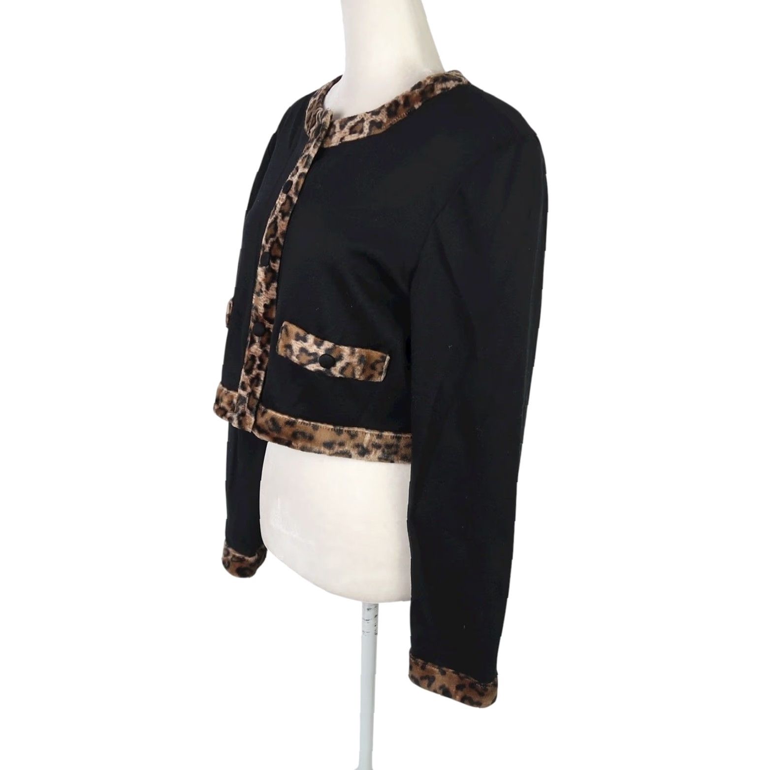 Vintage VINTAGE All That Jazz Jacket Black Knit Leopard Faux Fur Trim 90s 12 Women's Short Sleeve Button Casual Workwear 90s Print Size XL / US 12-14 / IT 48-50 - 3 Thumbnail