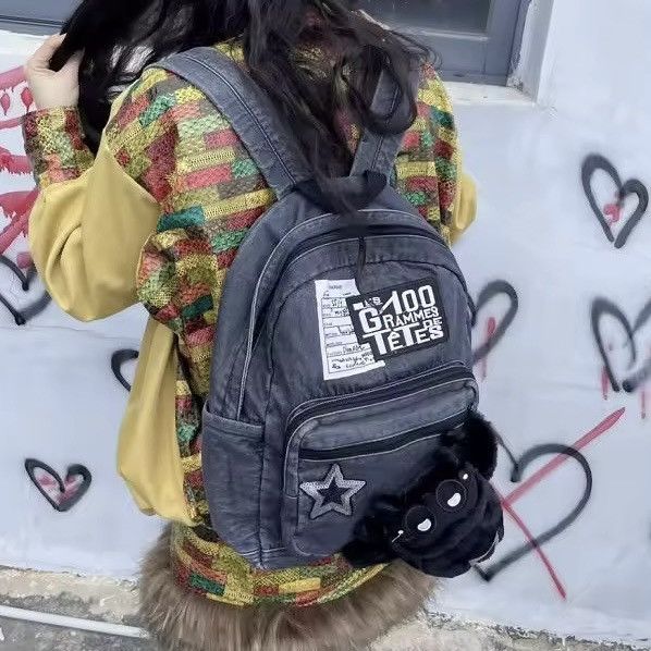 Japanese Brand Cartoon Washed Punk Goth Capacity Canvas School Backpack Bag Size ONE SIZE - 4 Thumbnail