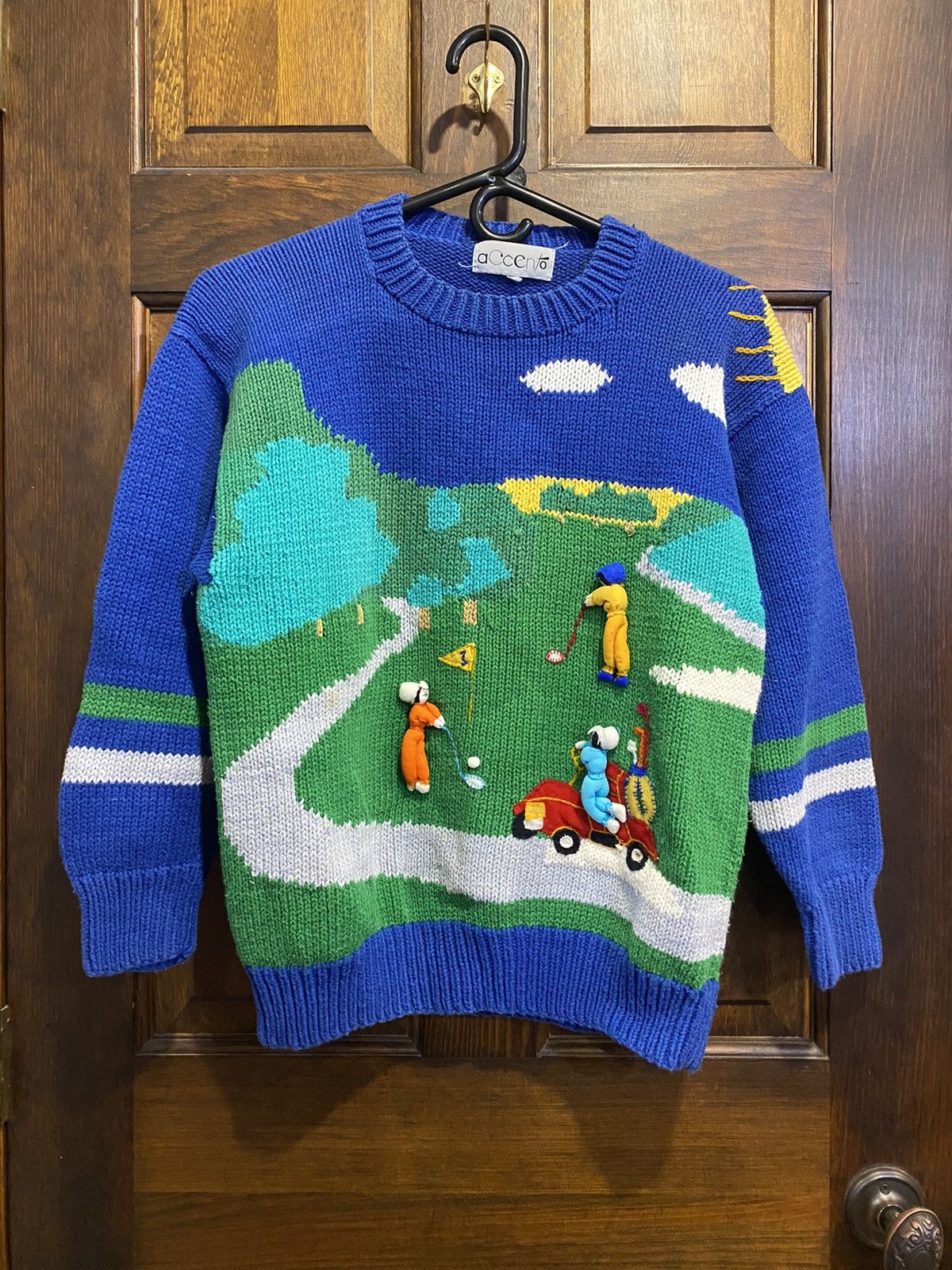 image of Vintage Accento Sweater Golf Scene Hand Knit Golfing Funky in Blue, Men's (Size Small)