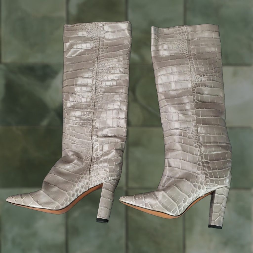 Vintage Toral Boots Womens Size 7.5 Gray Croc Embossed Leather Knee High Heel Size US 7.5 / IT 37.5 - 1 Thumbnail