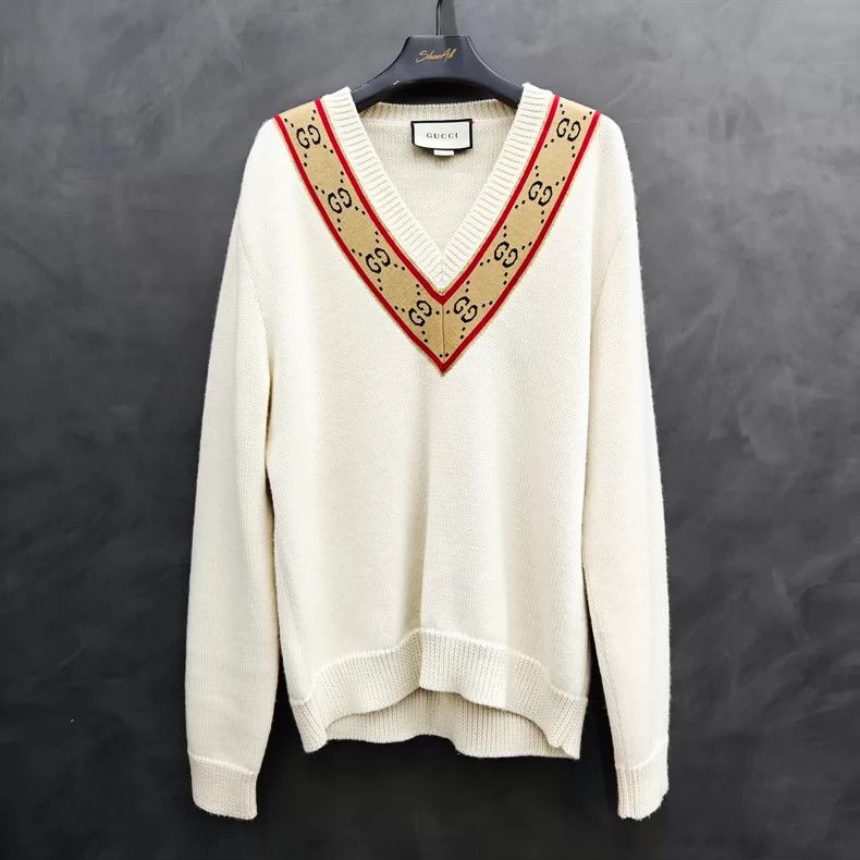 Gucci Double G pattern 100% wool V-neck sweater 2501-Nextar
