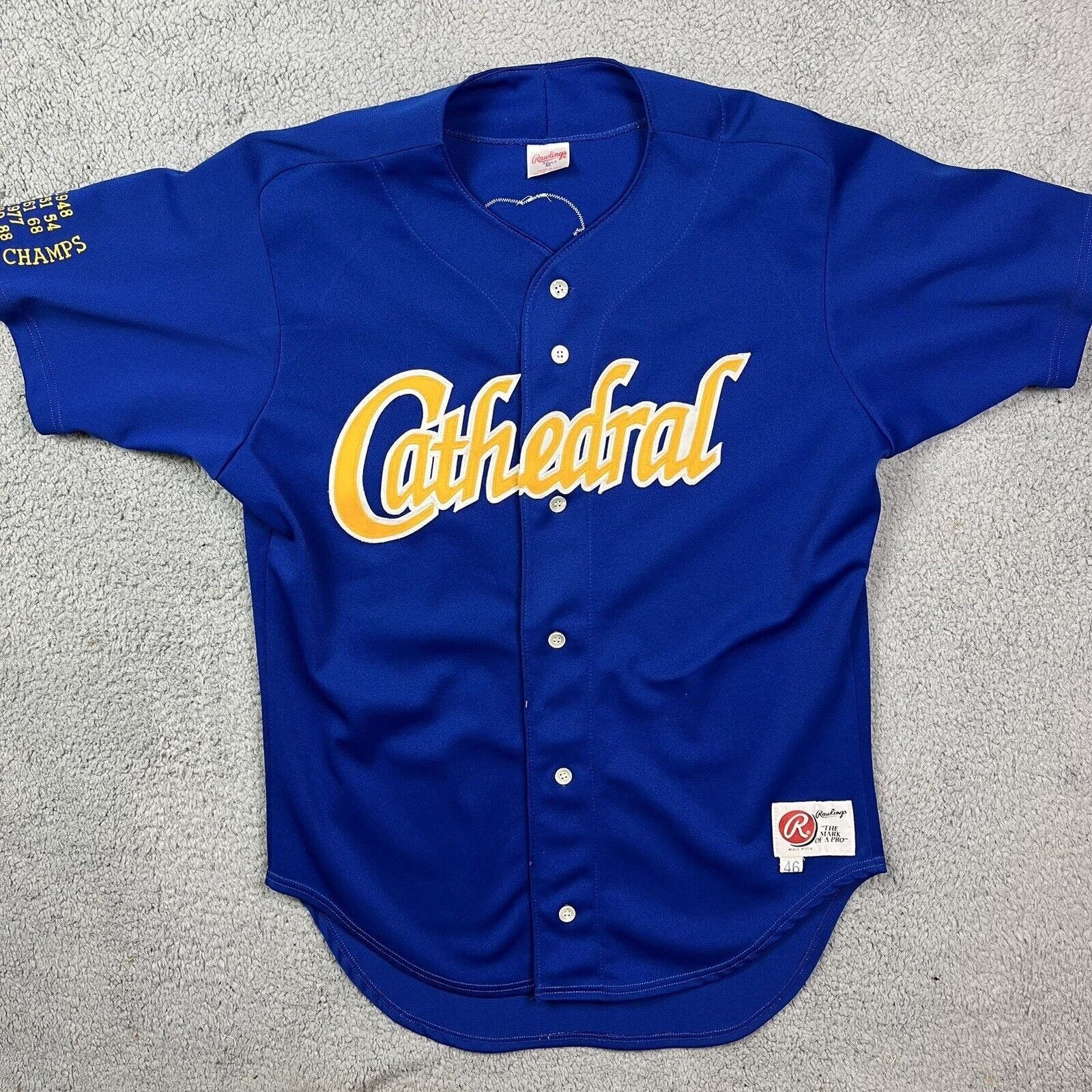 image of Vintage St Cloud Cathedral Baseball Jersey School Rawlings in Blue, Men's (Size XL)