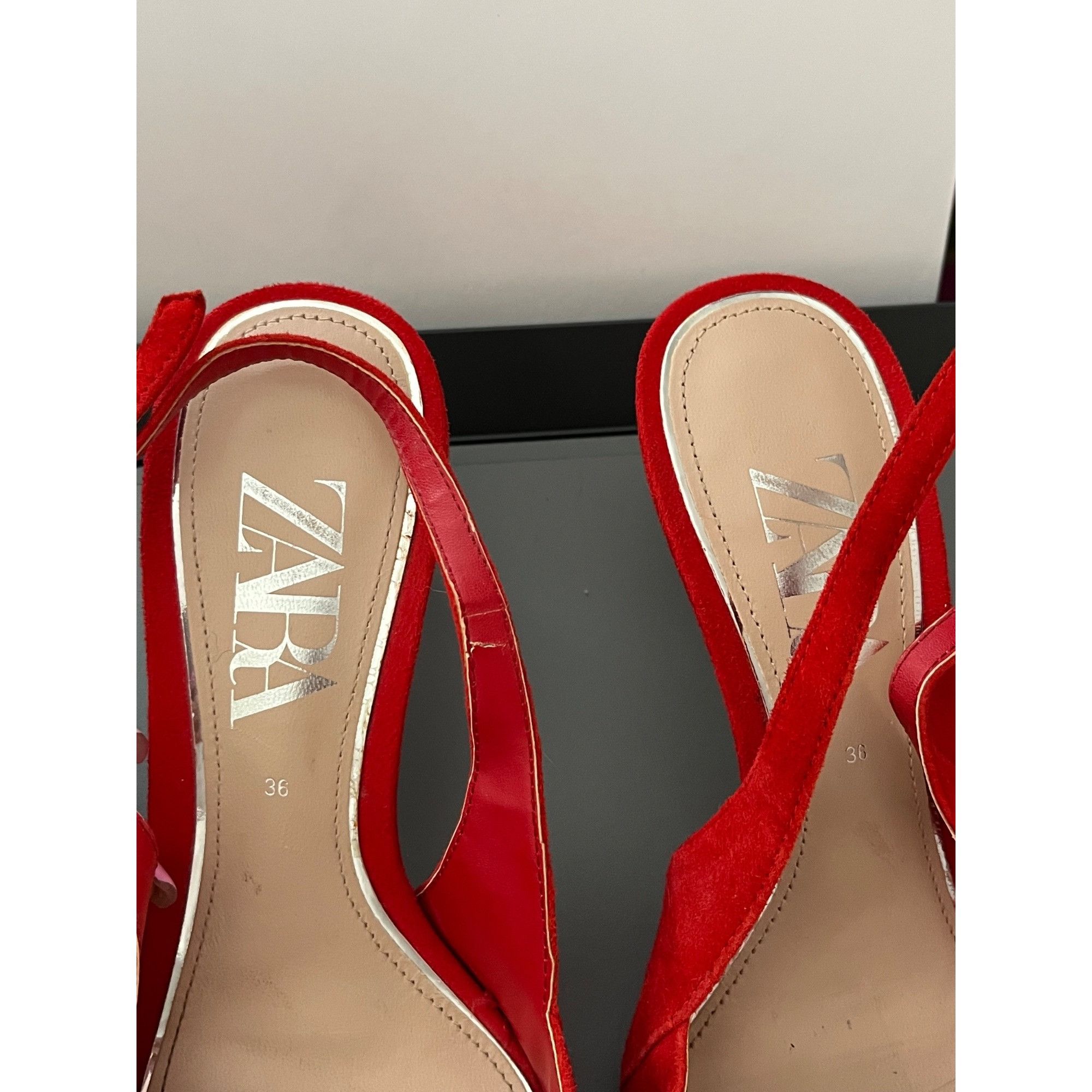 Zara Red Suede Pointed Toe Slingback Heels With Crystal Buckle Za Size US 6.5 / IT 36.5 - 3 Thumbnail