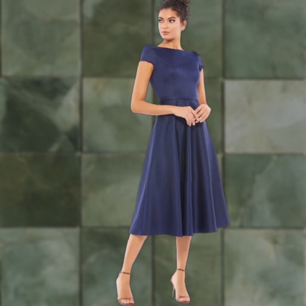 Mac Duggal VINTAGE Mac Duggal Satin Puff Shoulder Tea Length Dress Plus Size 18 Navy Blue Women's Cocktail Wedding Size XXL / US 16-18 / IT 52-54 - 1 Thumbnail