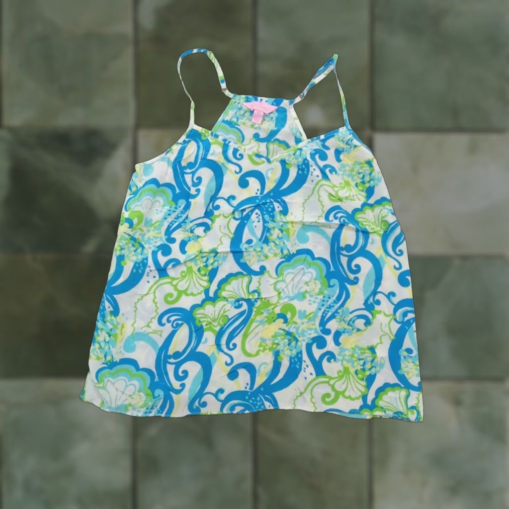 Lilly Pulitzer Lilly Pulitzer Womens Silk Blouse Extra Small Blue Green Floral Short Sleeve V-Neck Casual Top Size XS / US 0-2 / IT 36-38 - 1 Thumbnail