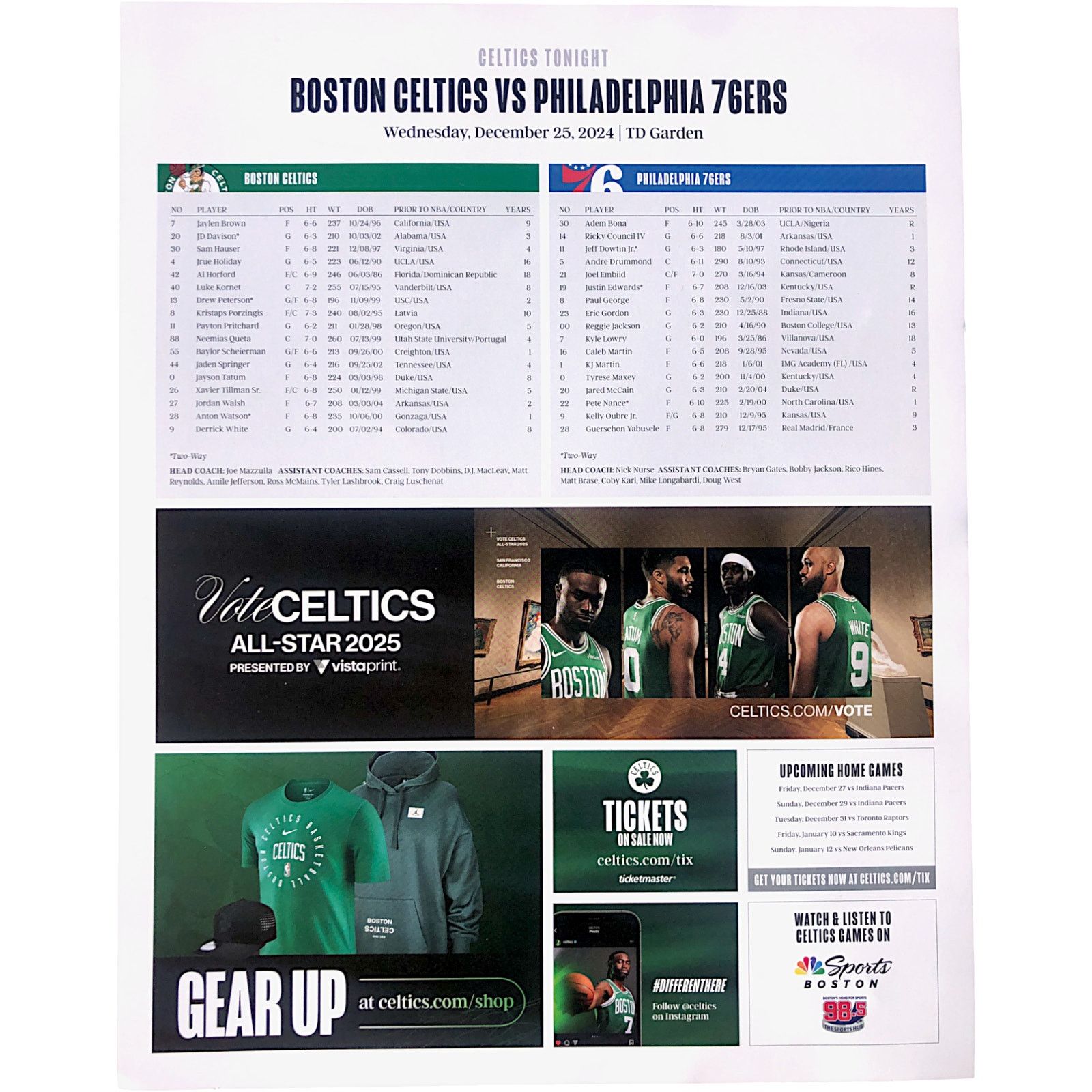 NBA Boston Celtics v Philadelphia 76ers 12/25/2024 Xmas Poster Size ONE SIZE - 2 Thumbnail