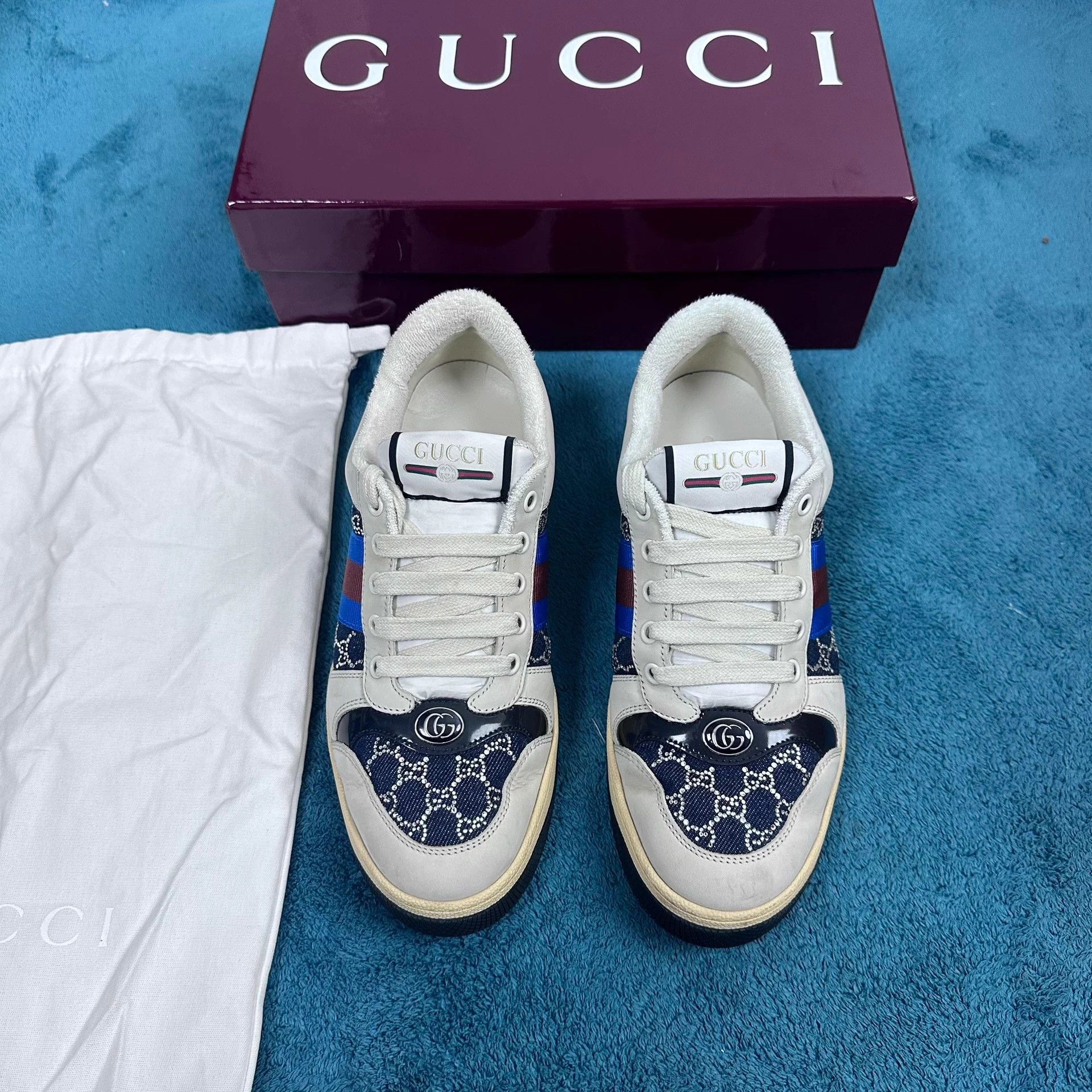 Gucci Gucci 25 New Beige Denim Patent Toe Low Sneaker 39 Size US 6 / EU 39 - 1 Thumbnail