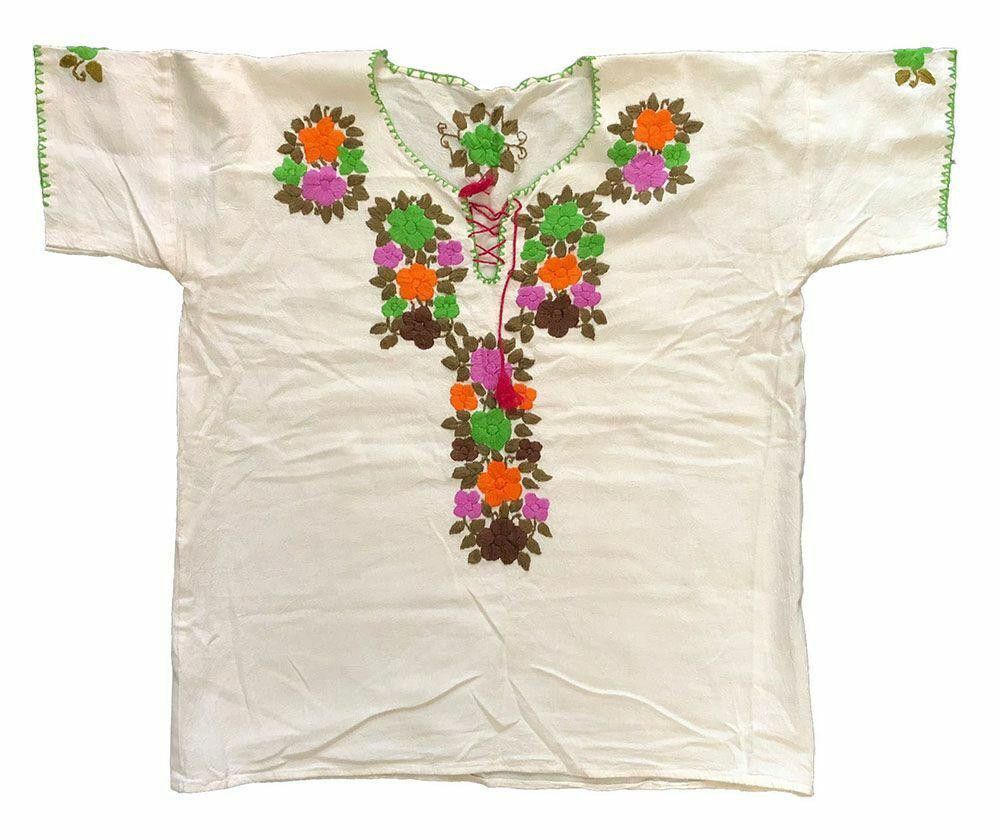 Designer Used White Hand Made Embroidered Floral Blouse L Size L / US 10 / IT 46 - 2 Thumbnail