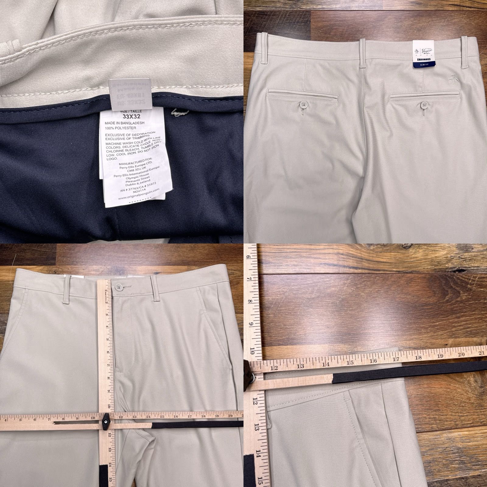Vintage Penguin Mens Slim Pants 33x32 Beige Mid Rise Stretch Chino Straight Pocket Button Zip Business Casual Workwear New Size US 33 - 8 Thumbnail