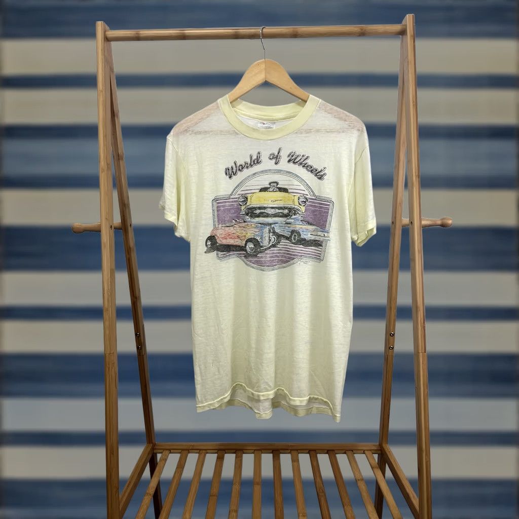 Hanes VTG 80s World Of Wheels Hot Rods Custom Cars Paper Thin Burnout Worn T-Shirt L Neon Yellow Mens Hanes Shirt Size US L / EU 52-54 / 3 - 1 Thumbnail