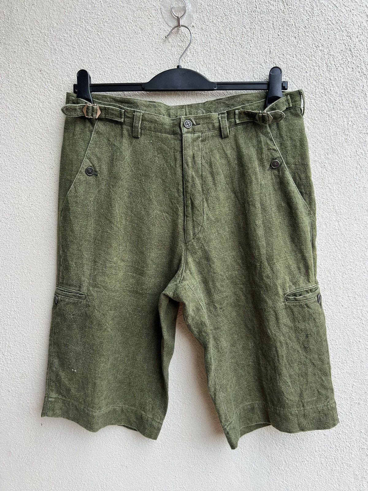 Designer 90s Arnys Paris Fade Olive Green 100% Linen Short Pant Size US 31 - 8 Thumbnail