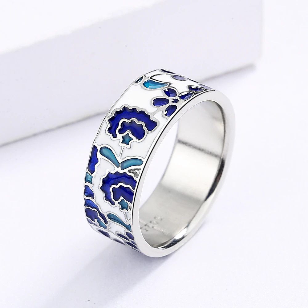 Jewelry Blue Enamel Flower Ring Size ONE SIZE - 3 Thumbnail