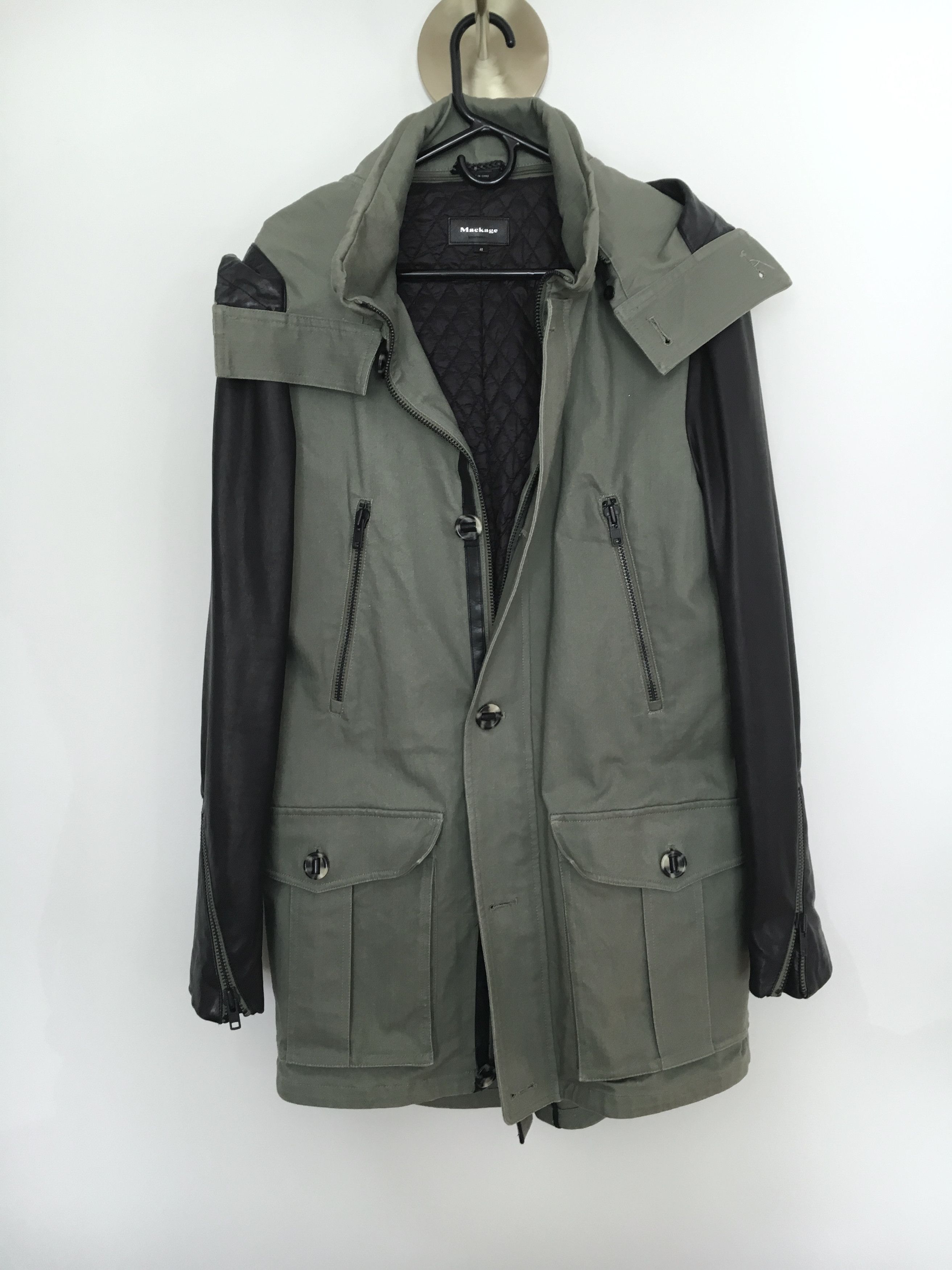 image of Mackage Ss14 Olive Cotton And Leather Sleeve Parka in Black/Olive, Men's (Size Medium)