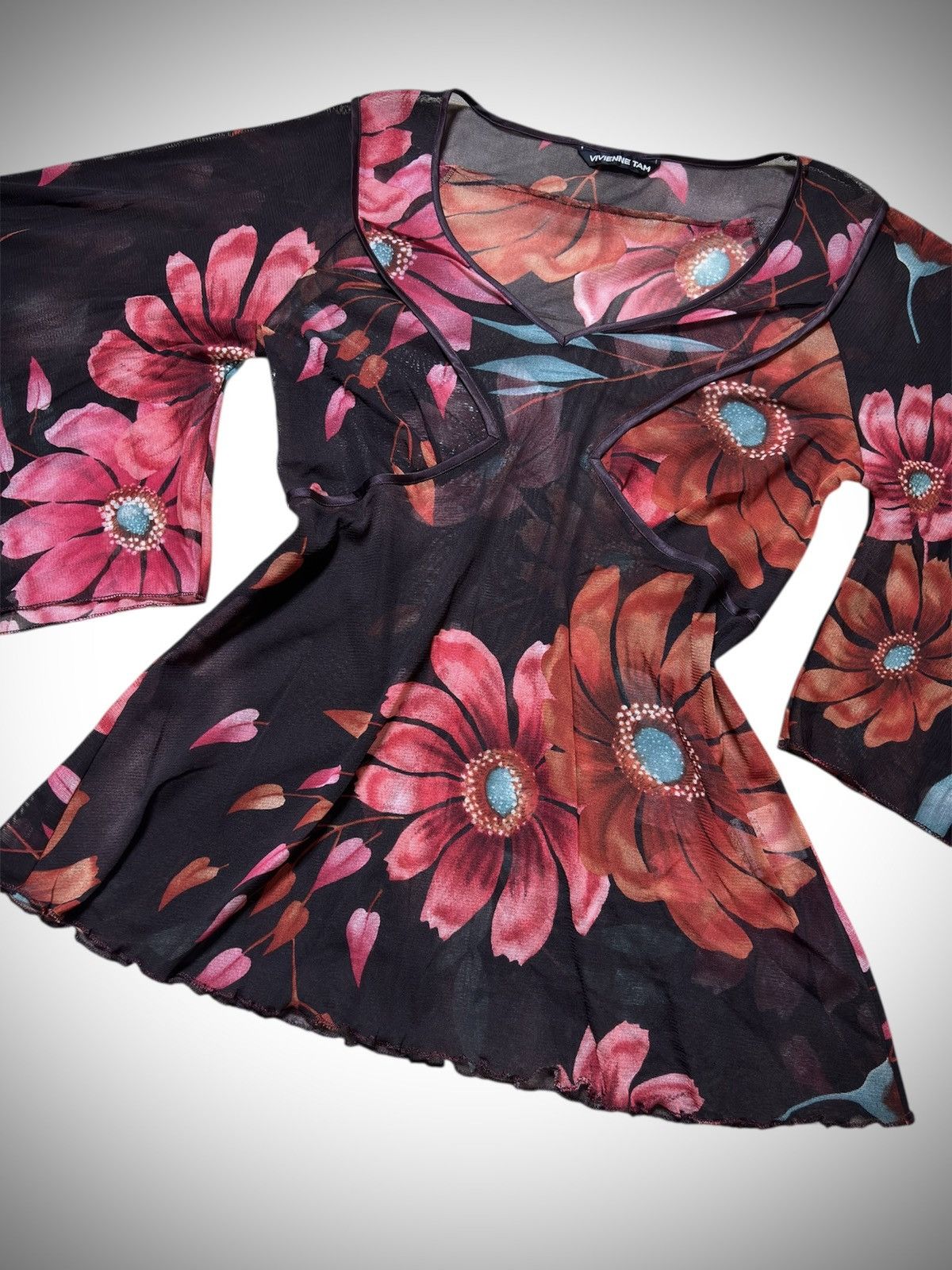 Vivienne Tam 1990’s Vivienne Tam - Rare Design Floral Printed Mesh Top Size S / US 4 / IT 40 - 2 Thumbnail