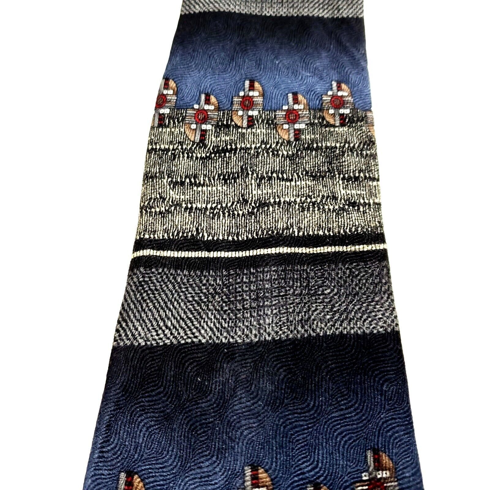 Designer Chez Roffe Silk Tie Print Gray Blue Wide Size ONE SIZE - 2 Thumbnail