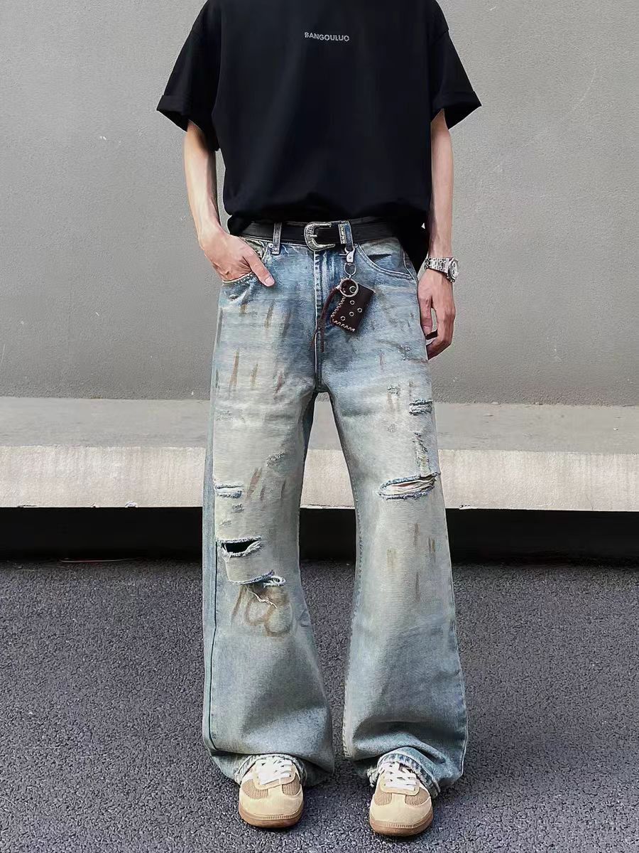 Designer × Jean × Vintage Vintage dirty-dyed graffiti ripped baggy jeans Size US 34 / EU 50 - 1 Thumbnail