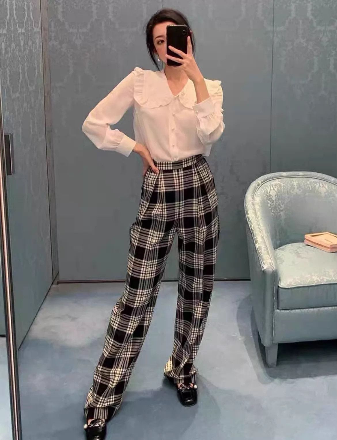 Miu Miu MIU MIU Logo Checked Black/White Wide-Leg Trousers Size 24" / US 00 / IT 34 - 1 Thumbnail