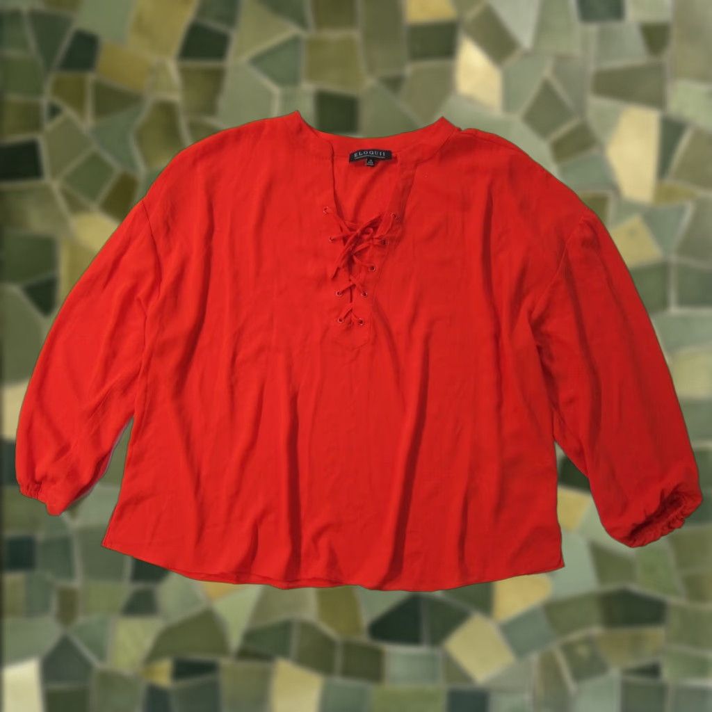 Vintage NWT Eloquii Red V-Neck Lace Up Long Sleeve Pullover Blouse Top Women Size 20 Size 3XL / US 20-22 - 1 Thumbnail
