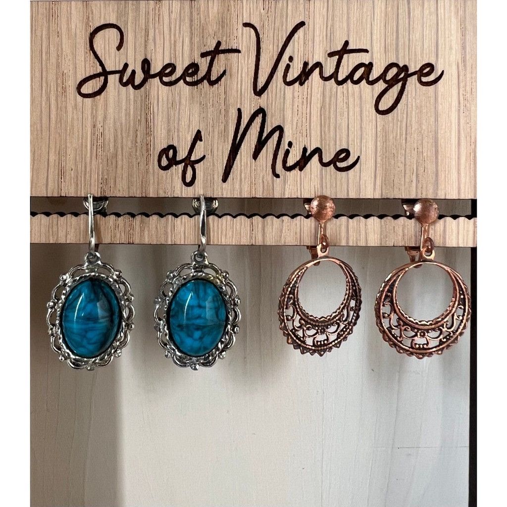 Vintage 2 Pair 1990s Vtg Earrings Silver Turquoise + Copper Hoops Size ONE SIZE - 1 Thumbnail