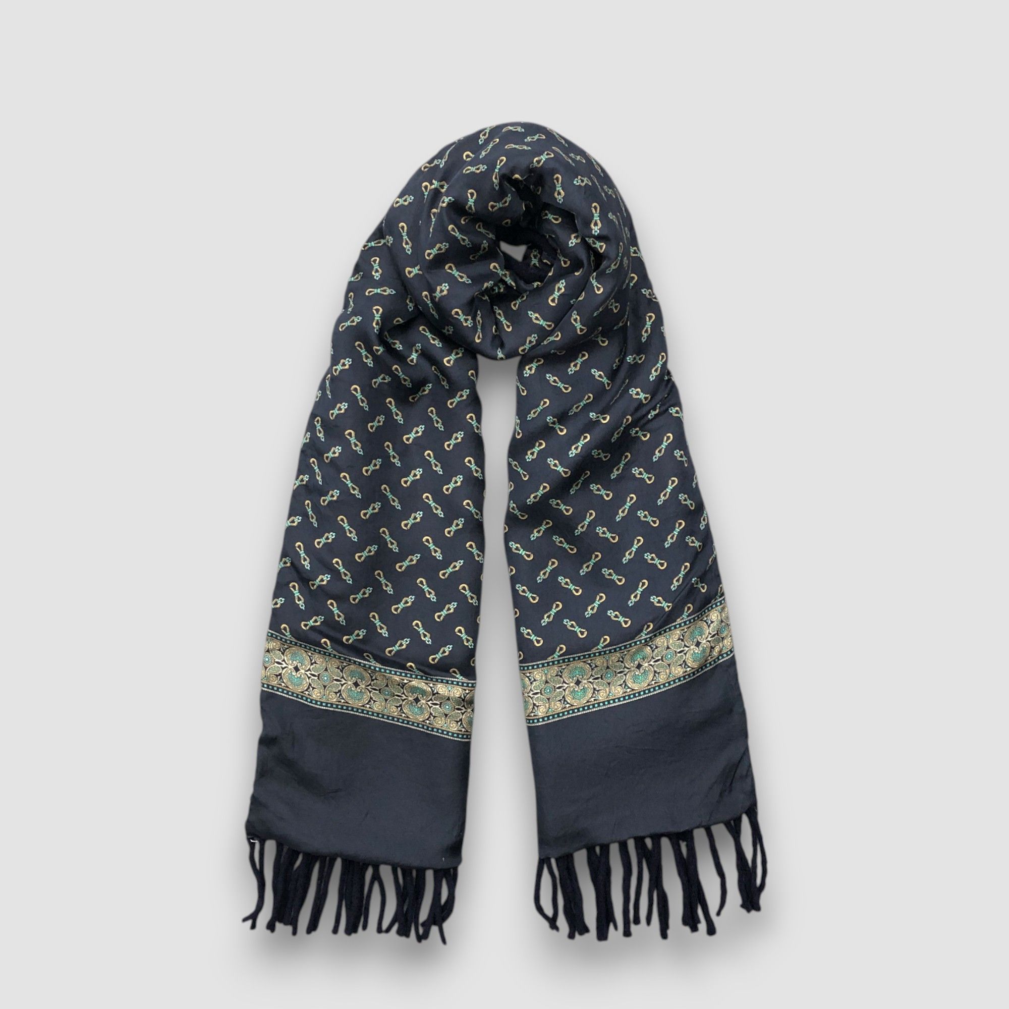 Japanese Brand Vintage Silk Fringe Scarf Muffler Wool Cashmere Scarves Size ONE SIZE - 1 Thumbnail