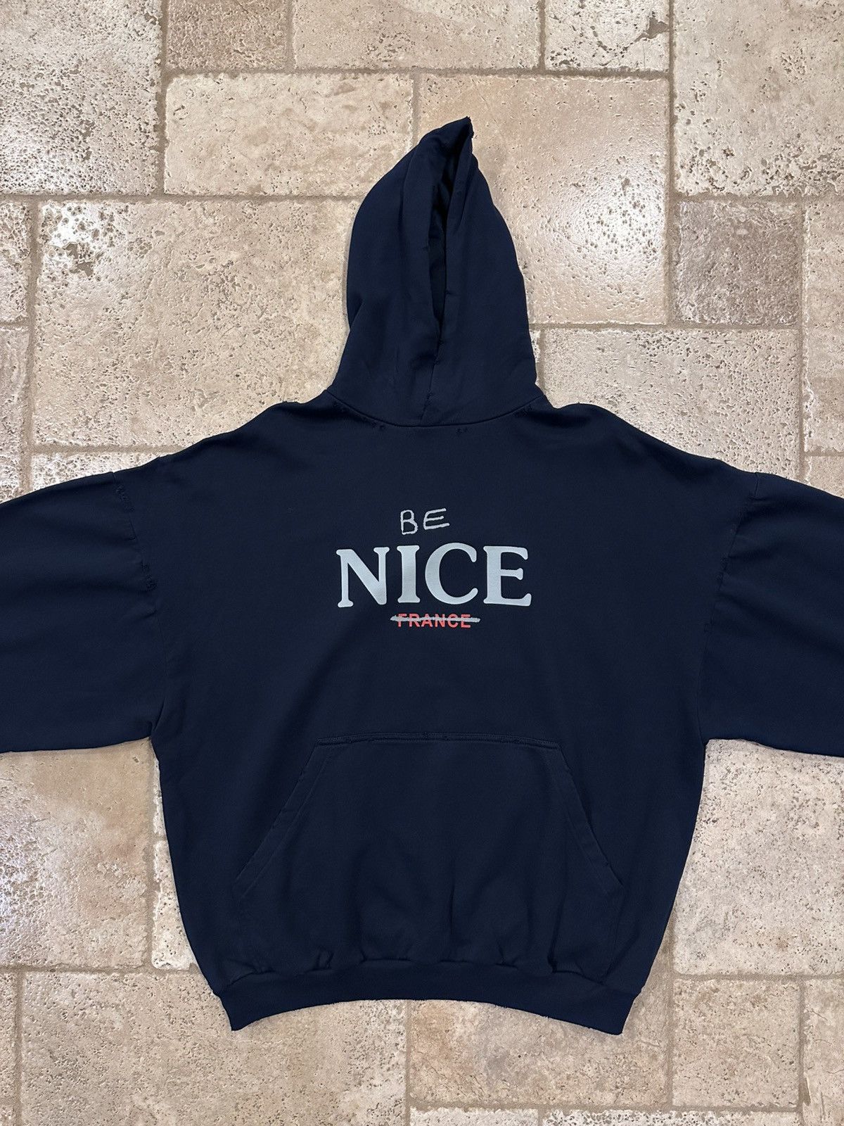 Balenciaga Balenciaga “Be Nice” France Dark Navy 2023 Distressed Hoodie Size US XL / EU 56 / 4 - 6 Thumbnail