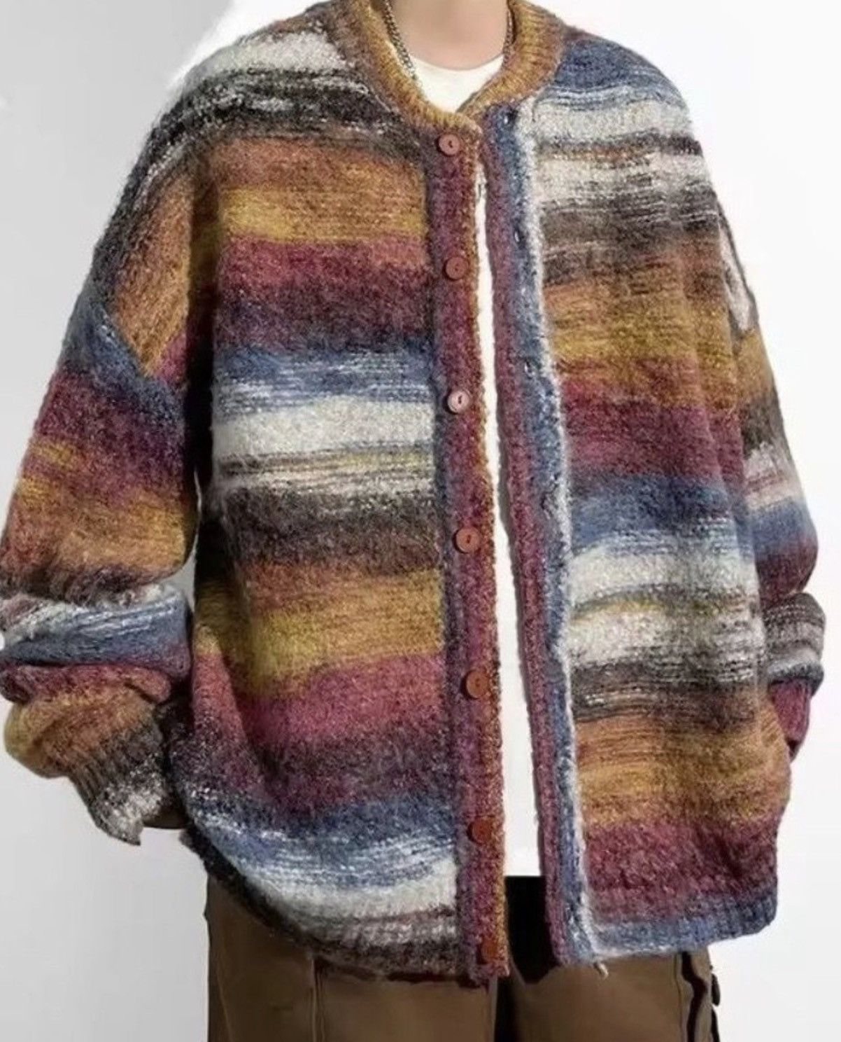 Japanese Brand Multi-Color Striped Mohair Style Cardigan Size US XL / EU 56 / 4 - 3 Thumbnail