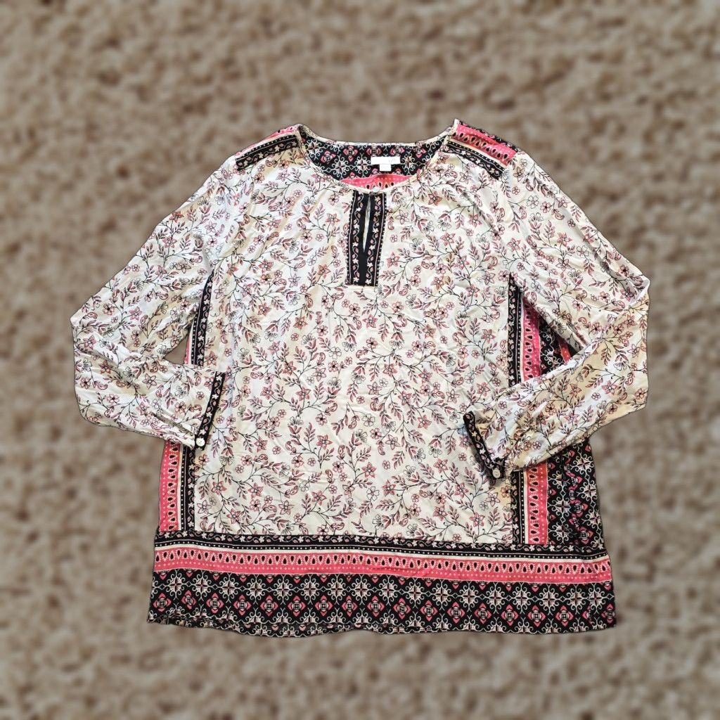 J. Jill J Jill Top Womens Large White Red Floral Long Sleeve Peasant Boho Casual Career Blouse Shirt Women Size L / US 10 / IT 46 - 1 Thumbnail
