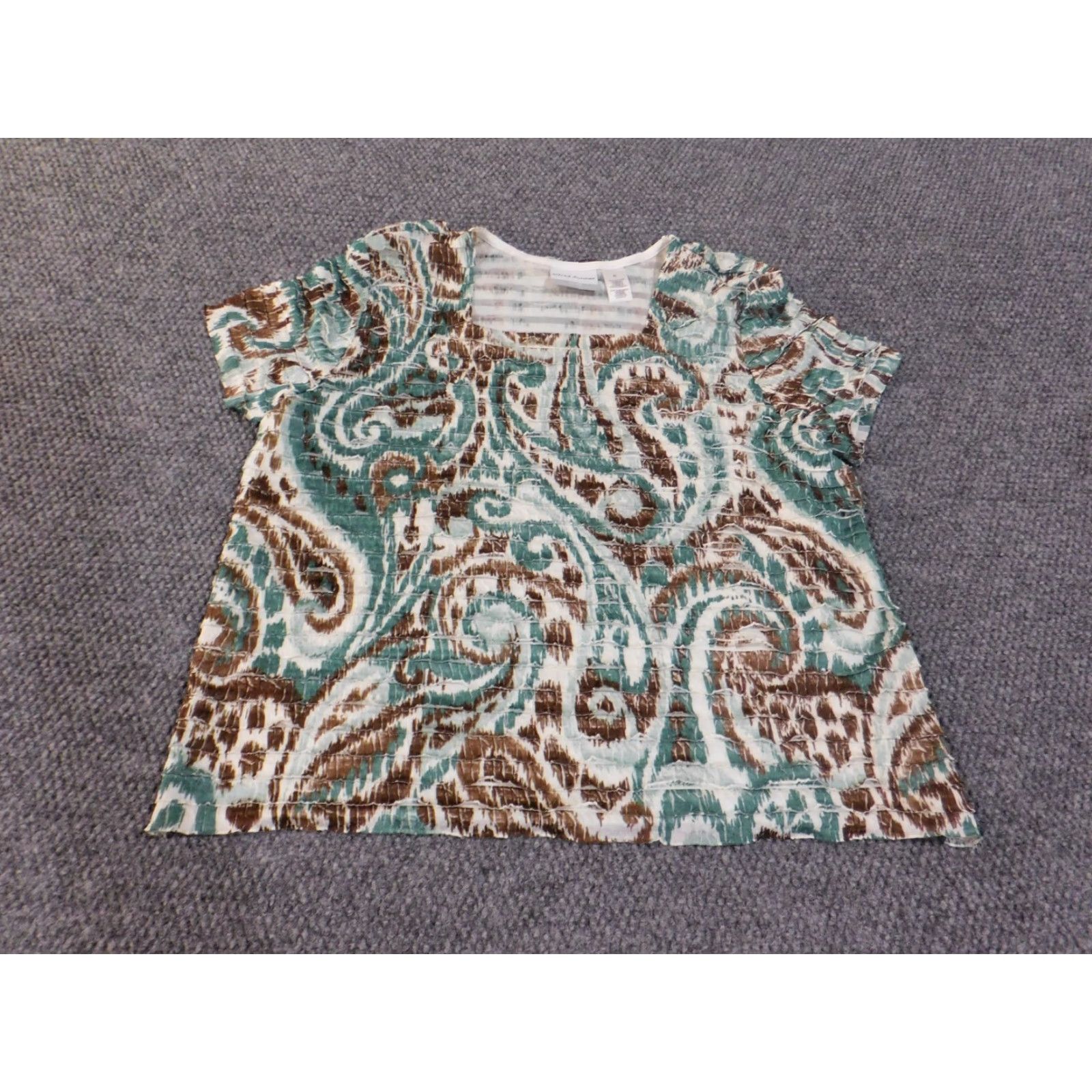 Vintage alfred dunner Blouse Shirt Petite Large Green Geometric Stretch Ruffles Womens Pullover Casual Short Sleeve Round Neck Top Blouse? Size L / US 10 / IT 46 - 2 Thumbnail