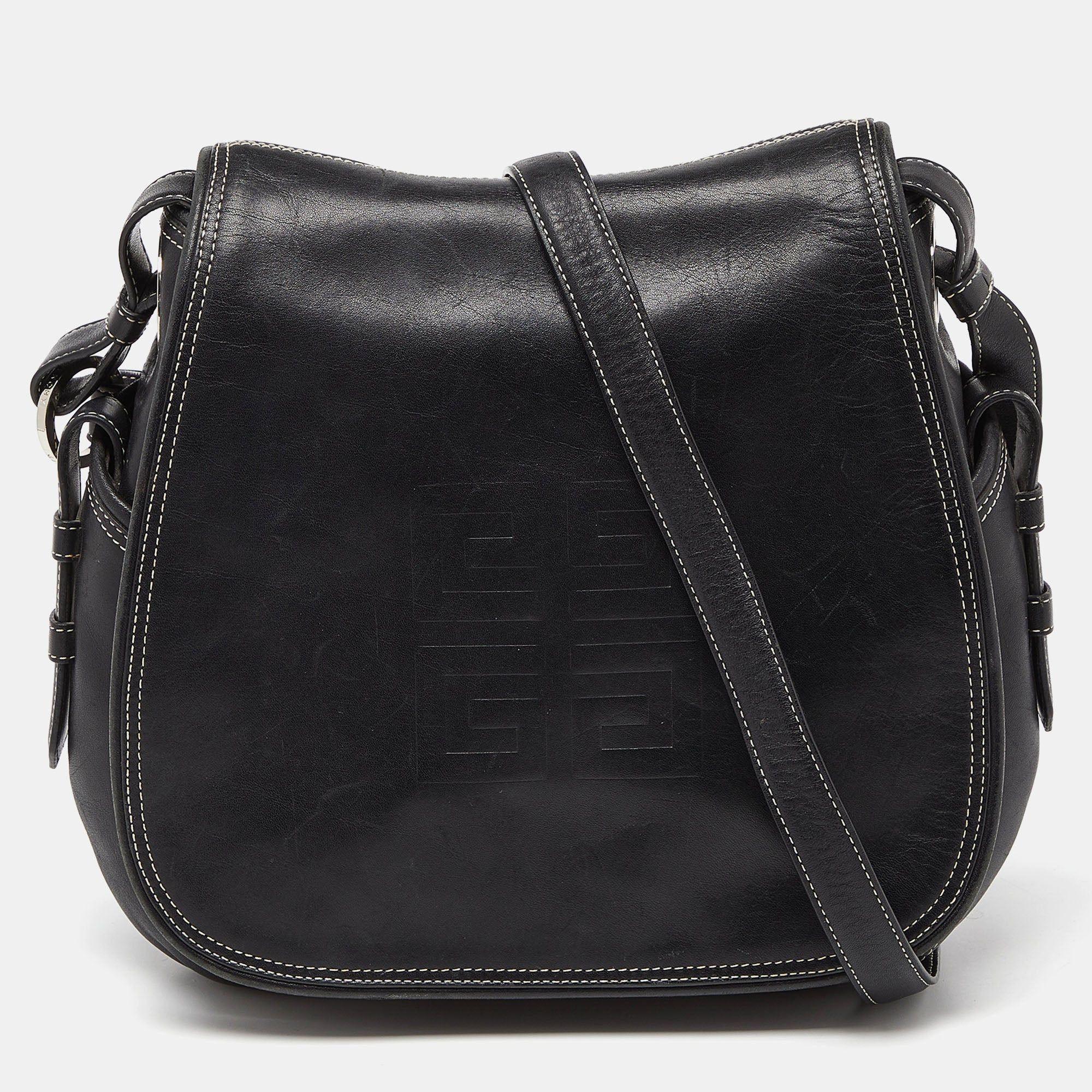 image of Givenchy Black Logo Embossed Leather Flap Hobo, Women's